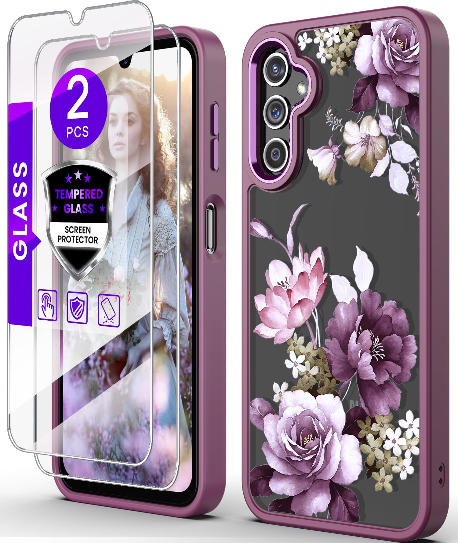 DagoRoo for Samsung Galaxy A14 5G Case with Tempered Glass Screen Protector [2 Pack],[Military Grade Protective] Slim Soft TPU & Hard PC,Girls Women Crystal Clear Flower Pattern Cases (JD-Purple)