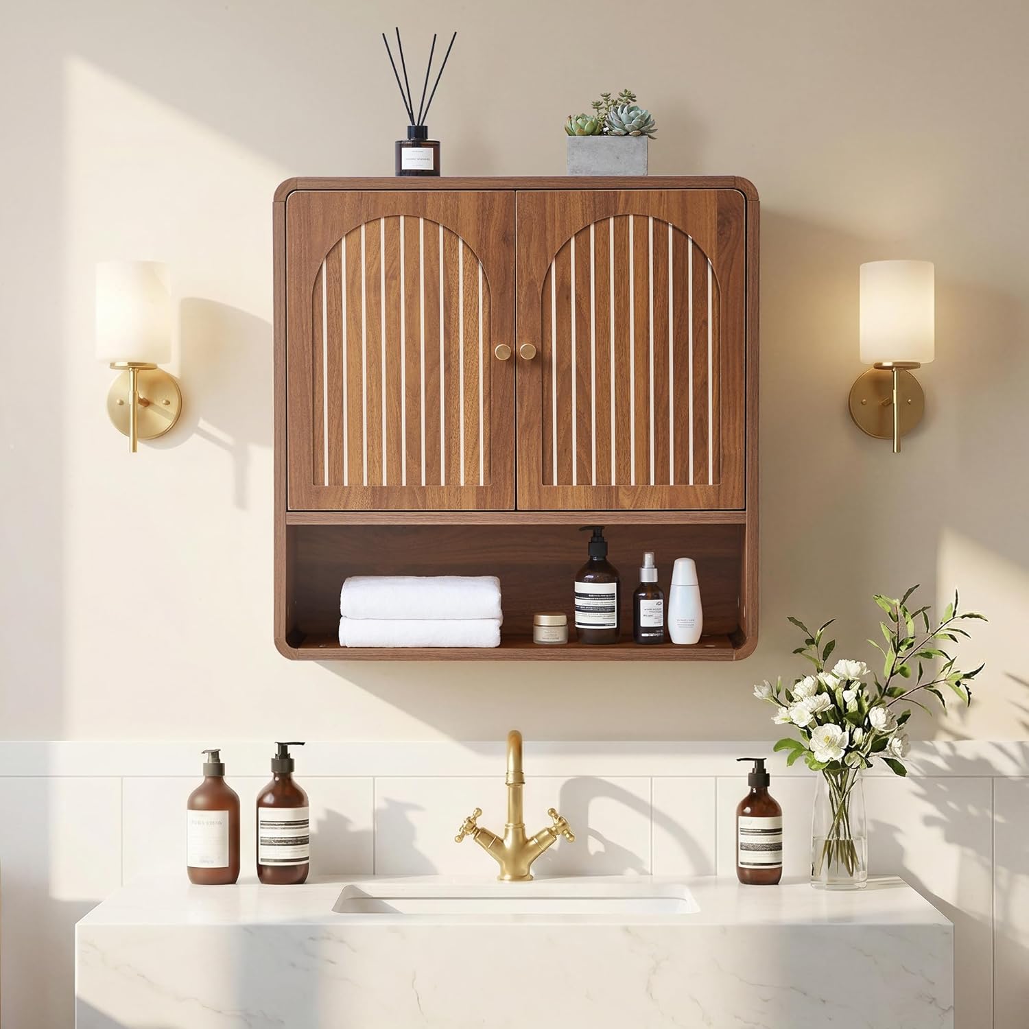 Wall Mounted Storage Cabinet for Bathroom, Mid-Century Wood Medicine Cabinet with Adjustable Shelf & Door, Over Toilet Organizers for Bathroom, Laundry Room, Kitchen (Walnut Color)