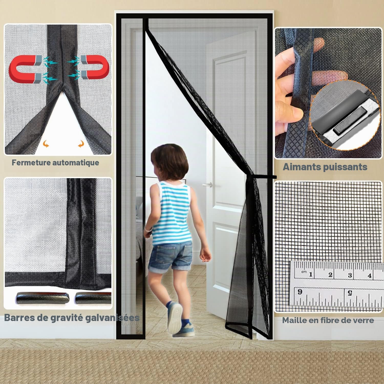 Risareyi Moustiquaire Porte Fenêtre Magnétique 200x220cm, Noir Réversible | Filet en Fibre de Verre Résistant, Anti UV, Ouverture Latérale, Moustiquaire Aimantée, Anti-Insectes, 4cm Ruban Adhésif