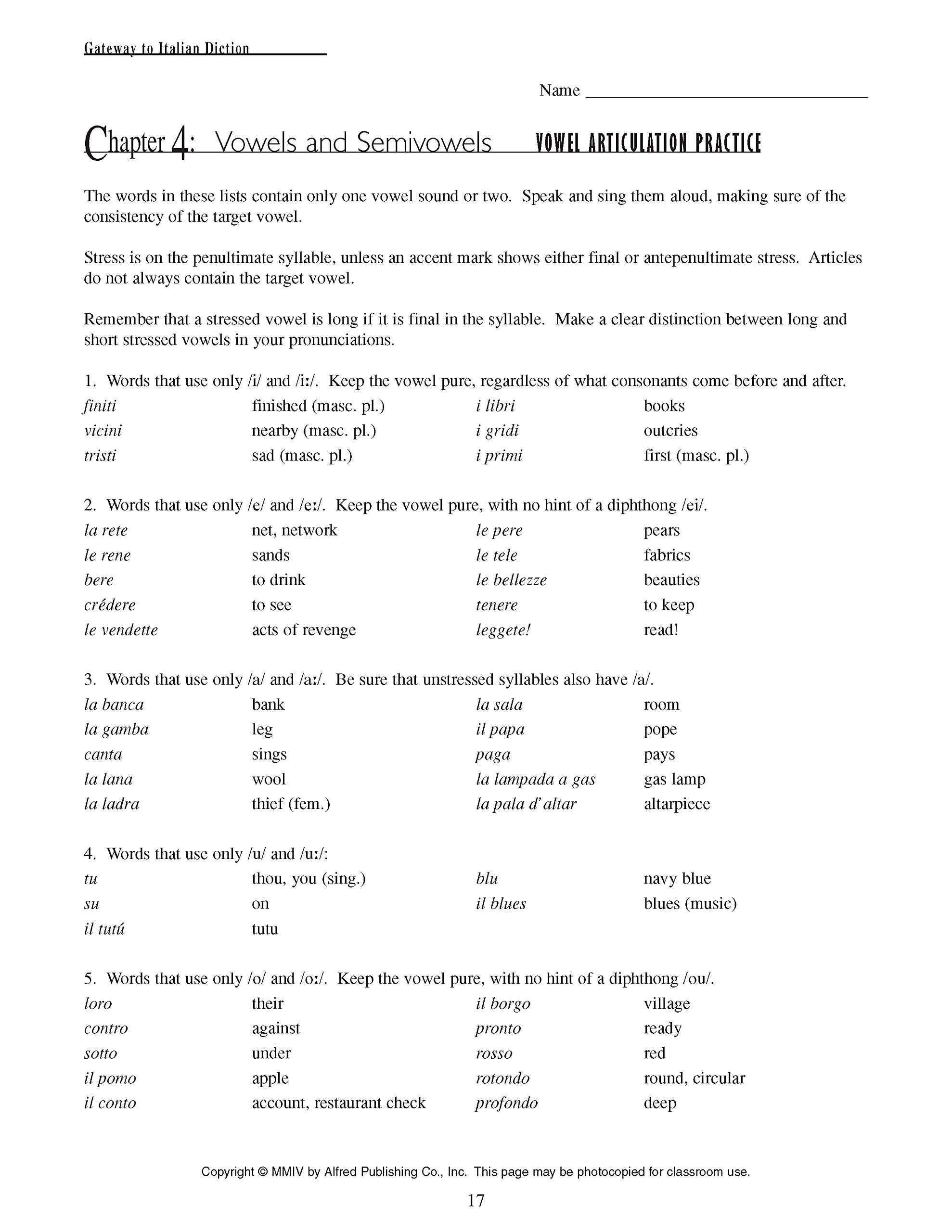 Gateway to Italian Diction: Teacher's Supplementary Materials