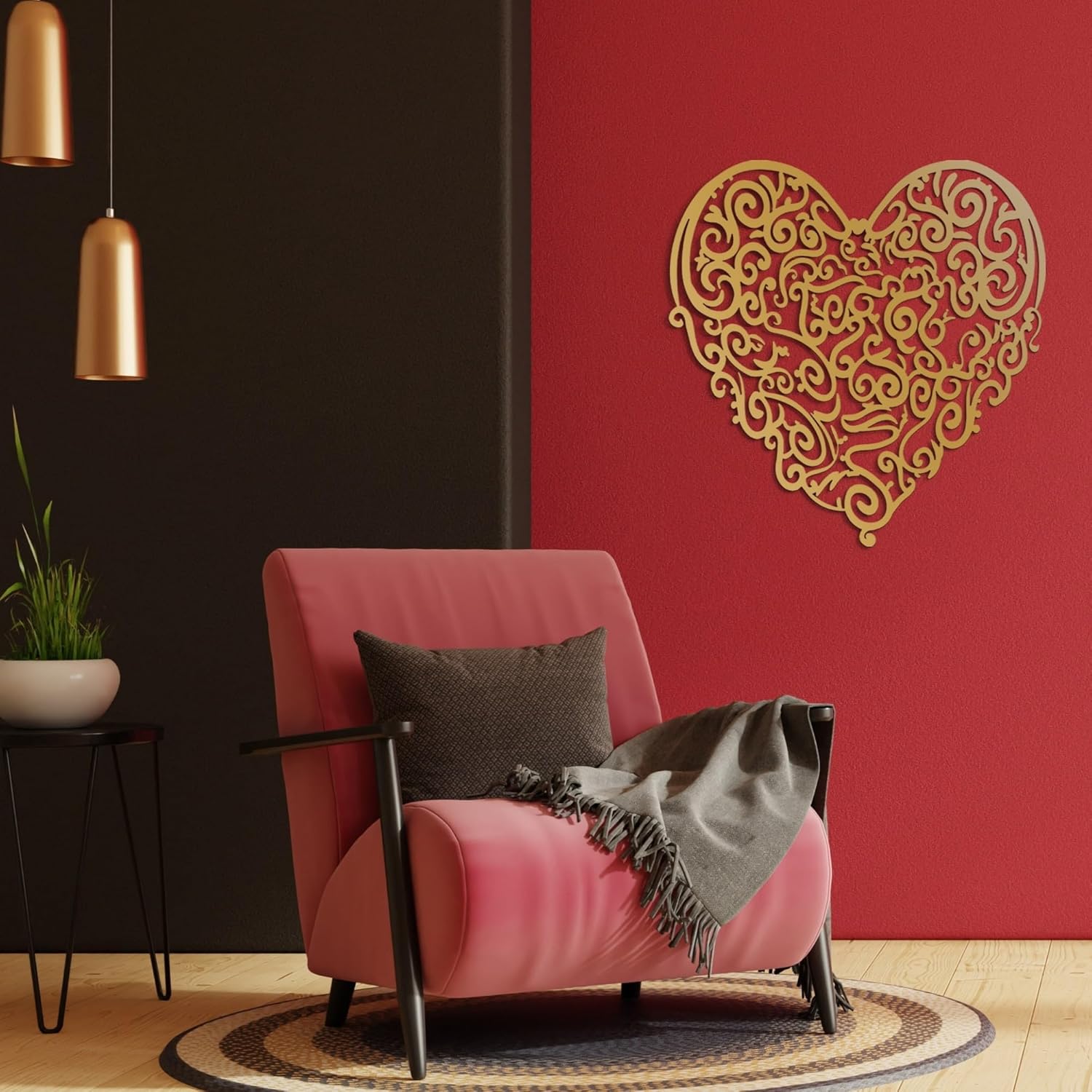 NEODECO Heart with Motifs Metal Wall Art, Mothers Day Decor, Home Wall Decor, Minimalist Designer Art, Romantic Gift, Gold, Small