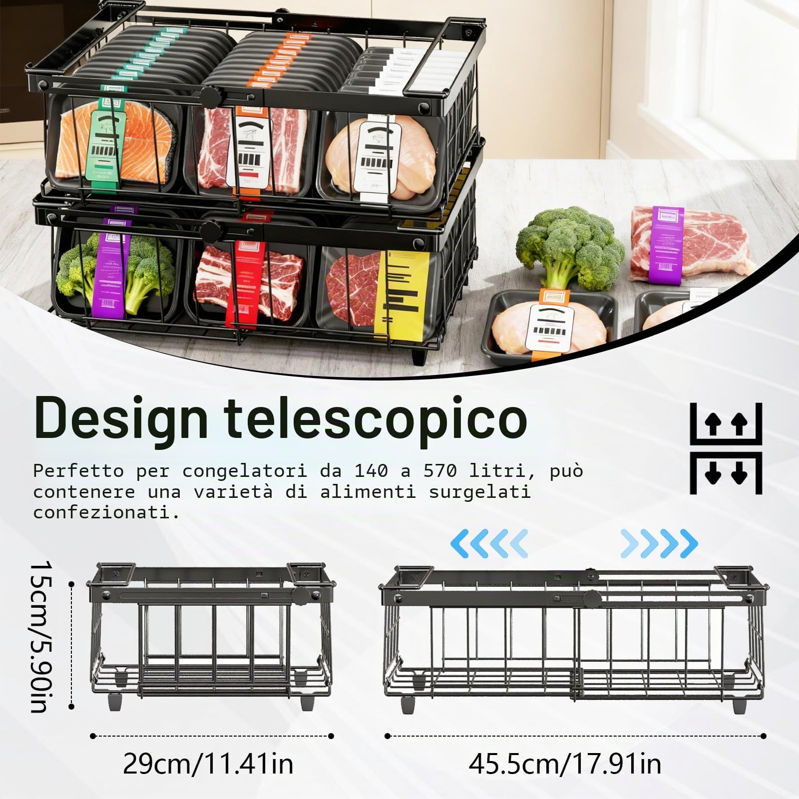 2 Pezzi Cestini Congelatore Espandibili, Organizzatore per Congelatore Impilabili con Maniglia, Cestini Congelatores in Metallo per 140L a 570L Congelatores, Organizzare Gli Ingredienti Congelati