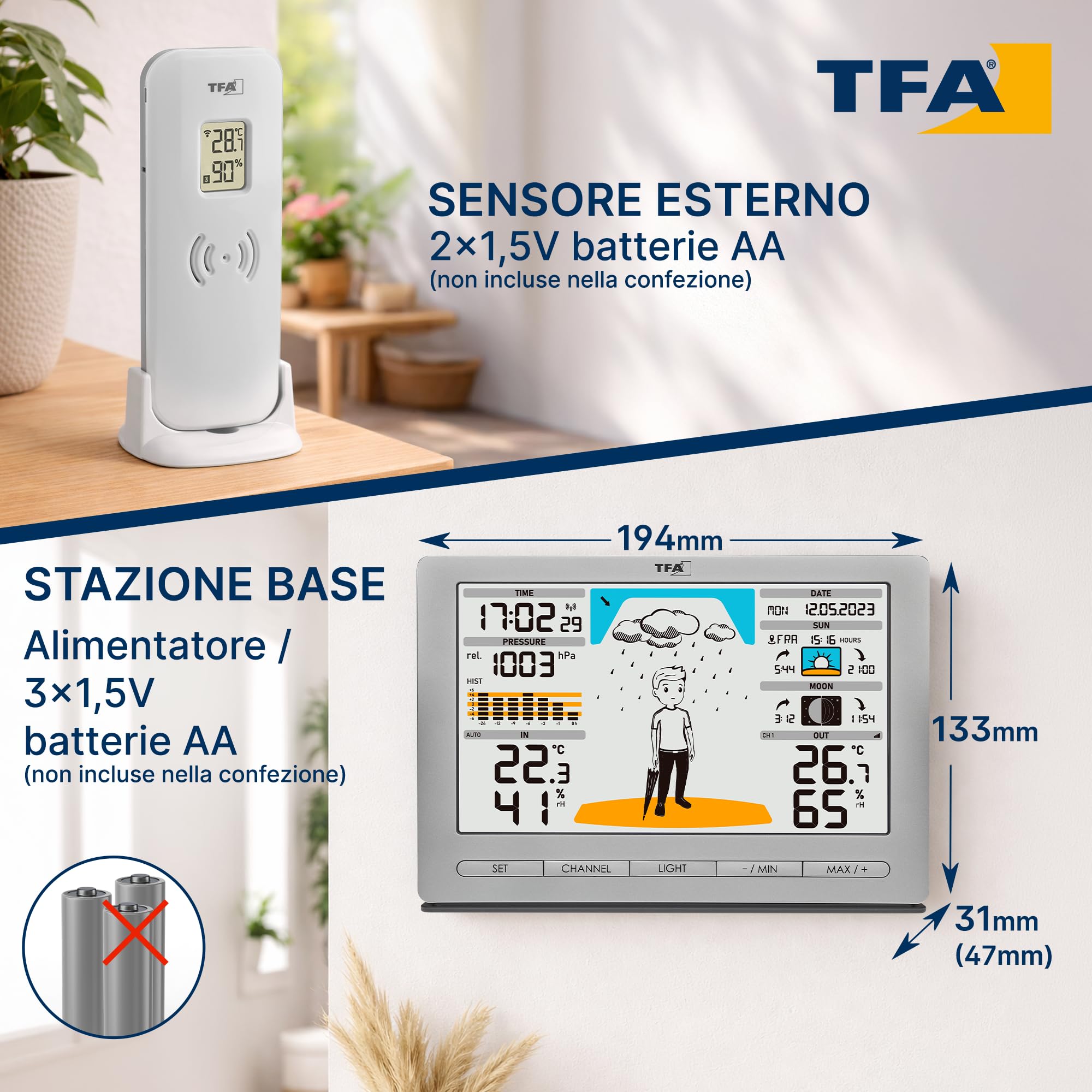 TFA Dostmann Stazione meteo radio METEO JACK, 35.1097.54,con sensore esterno, con previsioni del tempo, pressione atmosferica, fasi lunari, alba e tramonto, orologio radio, argento
