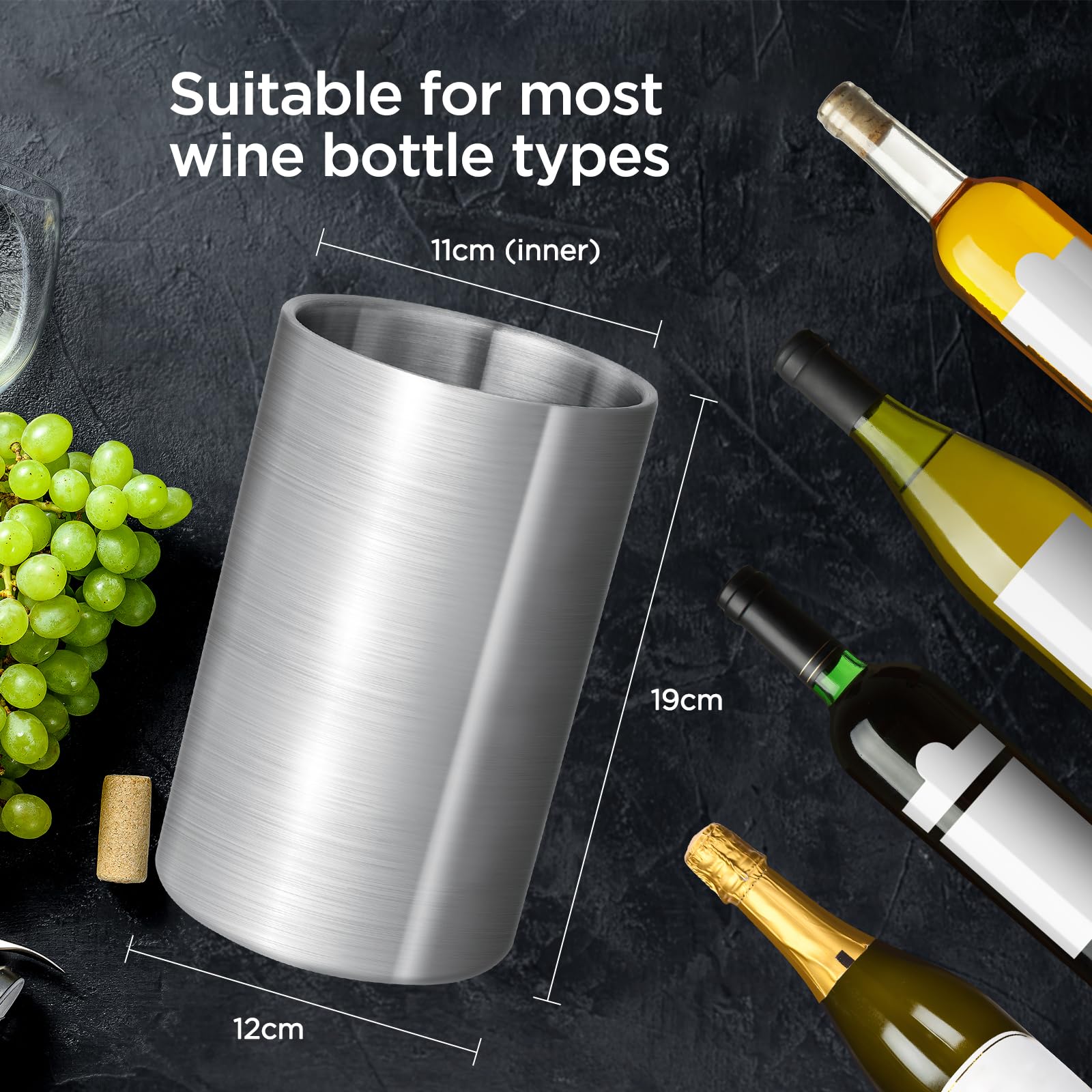 AiQInu 1.6L Refrigeratore per Bottiglie Vino, Refrigeratore per Vino a Doppia Parete in Acciaio Inox, Ø 12 cm, Altezza 19 cm, Adatto Alla Maggior Parte Bottiglie, Ideale per Casa o Viaggio