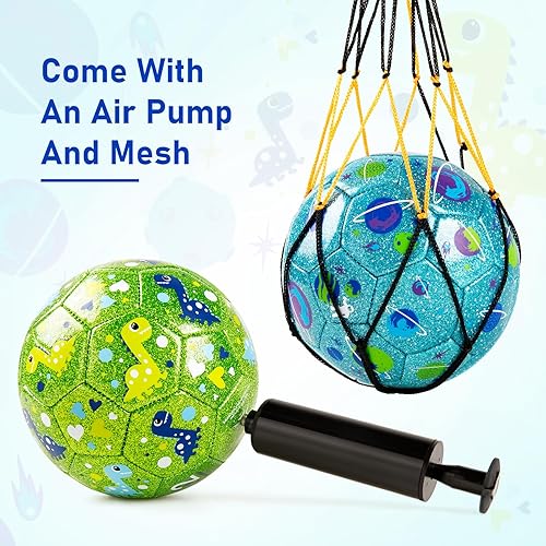 Miniatura 4 de ZOOJOY Juego de 2 pelotas de fútbol tamaño 2, planeta con purpurina y pelota de fútbol de dinosaurio para niños pequeños, regalos deportivos para