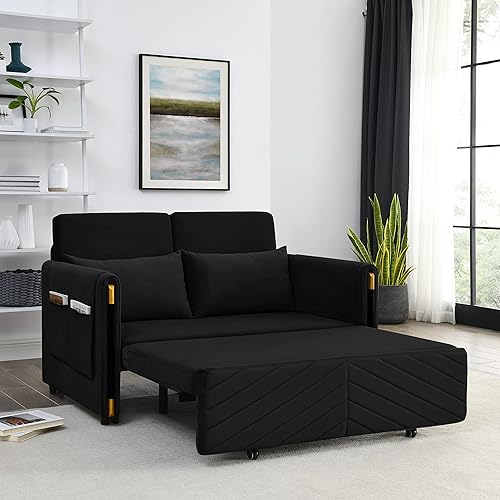 Sofá cama convertible de 54 pulgadas, sofá biplaza ajustable de terciopelo, sofá extraíble con 2 bolsillos desmontables en los brazos y almohadas,