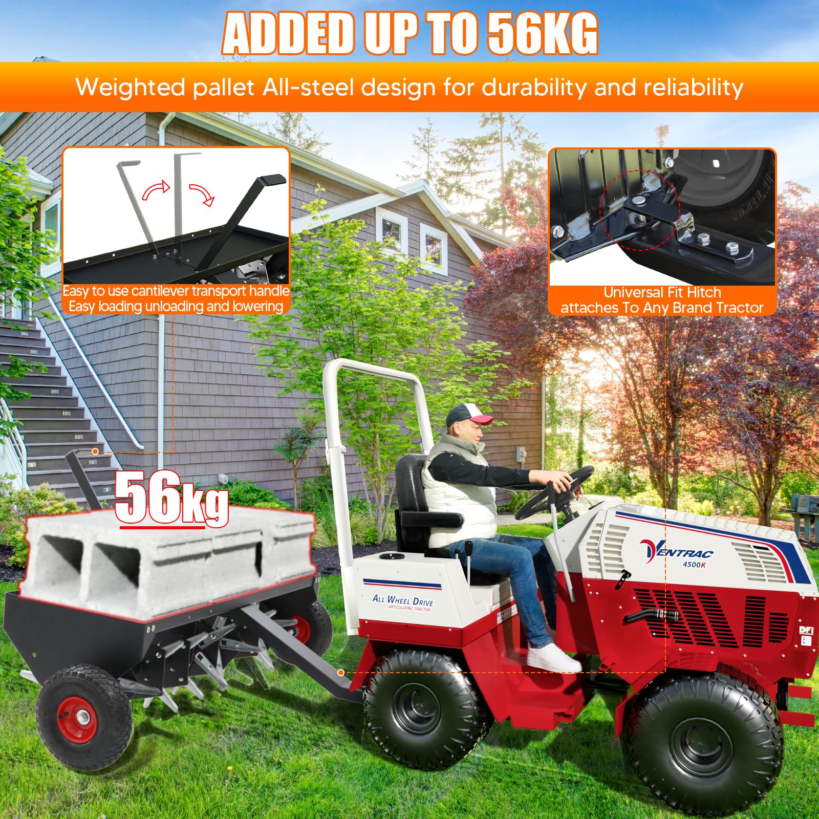 VELPAX Aérateur de pelouse en Acier pour Tondeuse autoportée - 123 x 50 cm - Design à 6 Dents - Profondeur de Travail de 5 cm - Embrayage pour Tracteur de pelouse