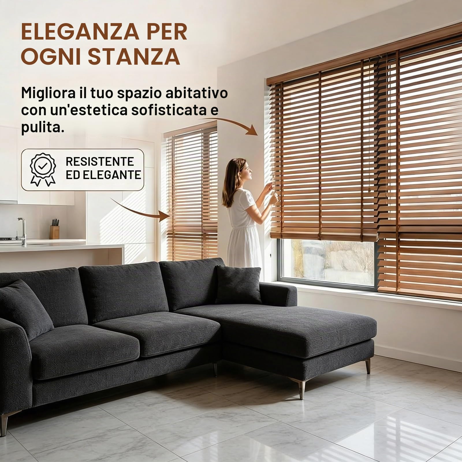 Tende Veneziana In Legno Su Misura 45 60 90 125 130 160cm Veneziane Da Interno/Esterno Senza Fori Per Finestre, 50mm Lamelle Privacy Orizzontali Oscurante Persiane Per Ufficio(Mocha)