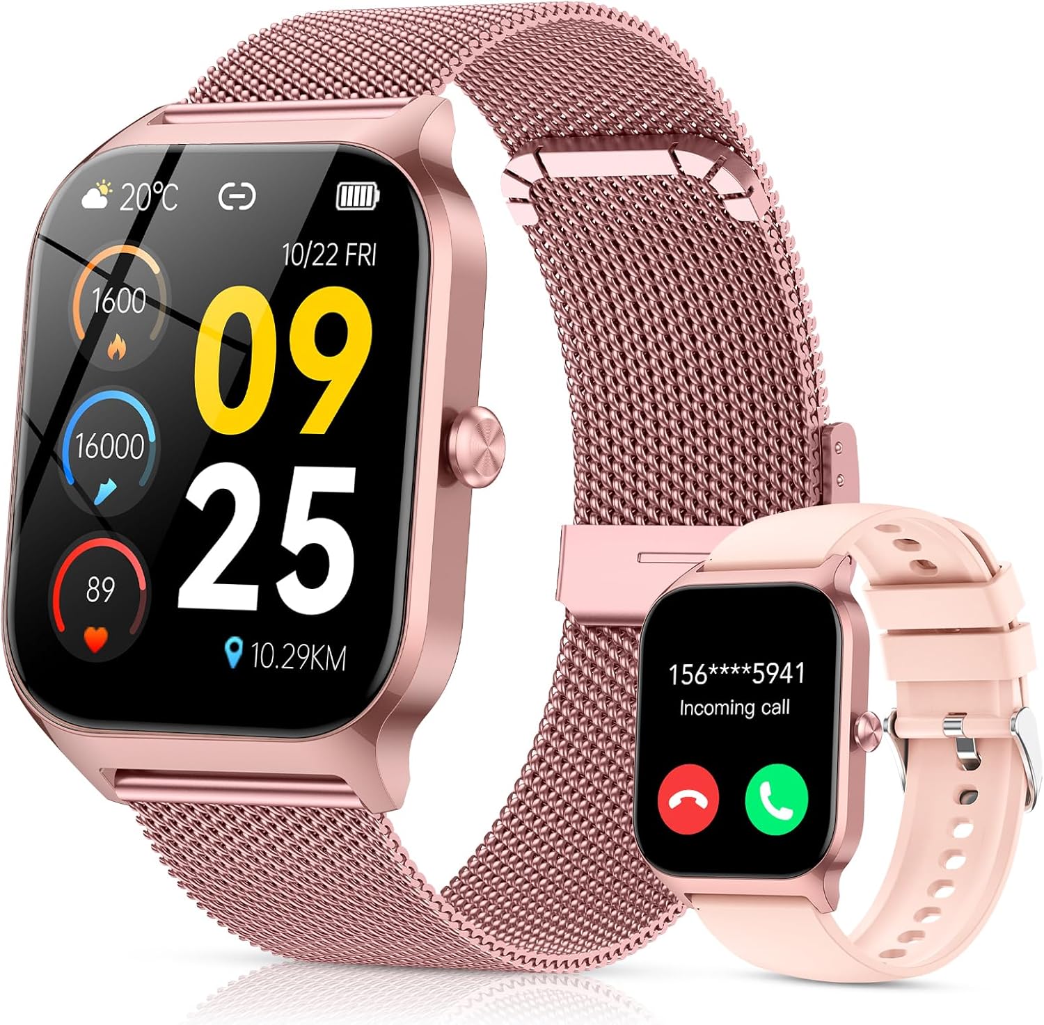 Smart Watches for Women Android & iPhone (2 Bands), 1.85″ HD Smartwatch with Calls/Messages/Notifications, Heart Rate/SpO2/Sleep Monitor,120+ Sports Modes Waterproof Fitness Tracker Watch, Pink
