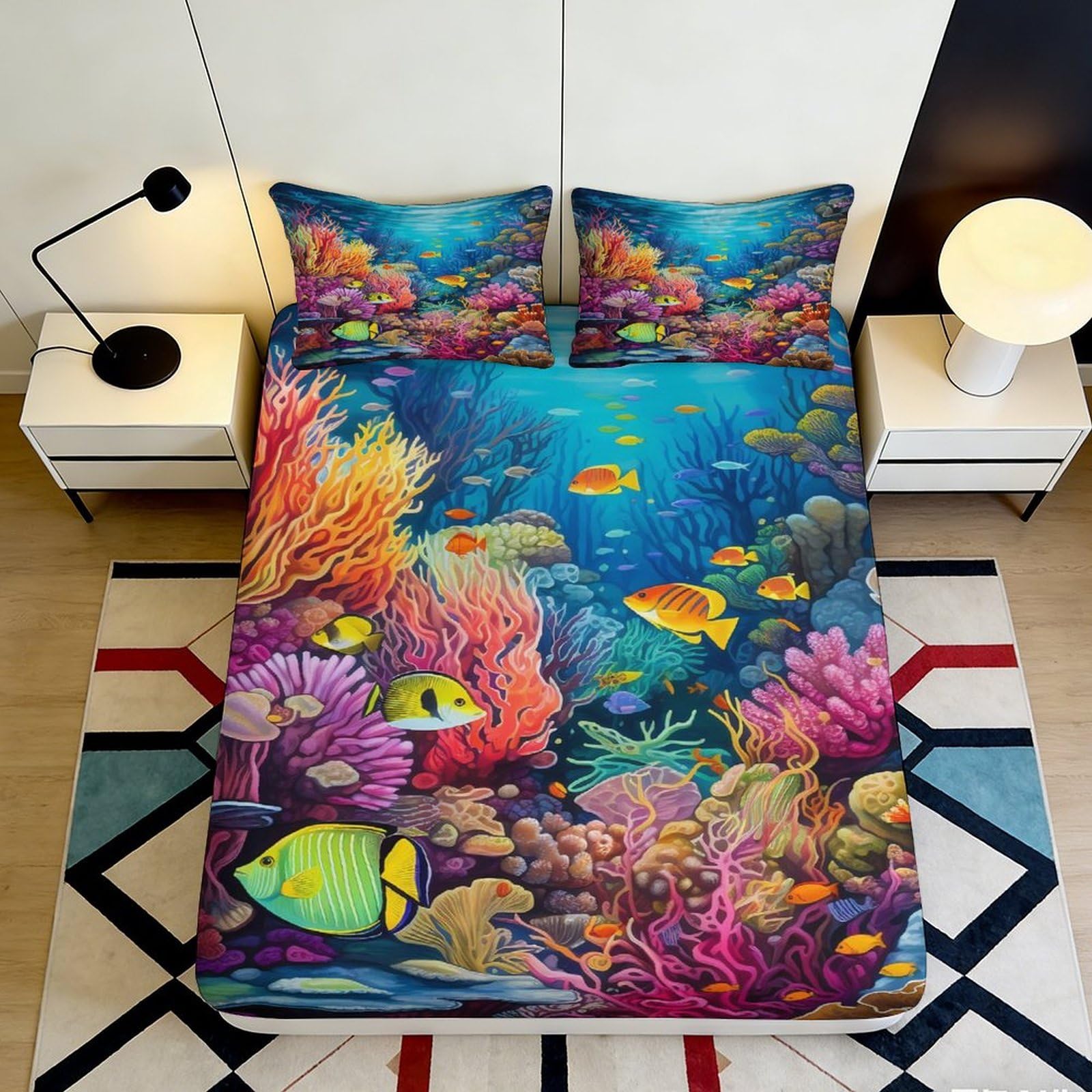 3D Printed Coral Reef Fitted Sheet Microfiber Soft Fish Ocean Mattress Cover for Bedroom Guest Room Decor 90x200x25cm