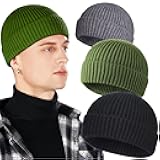 3 Pack Wool Fisherman Beanies for Men, Short Knit Watch Cap Cuffed Trawler Hats