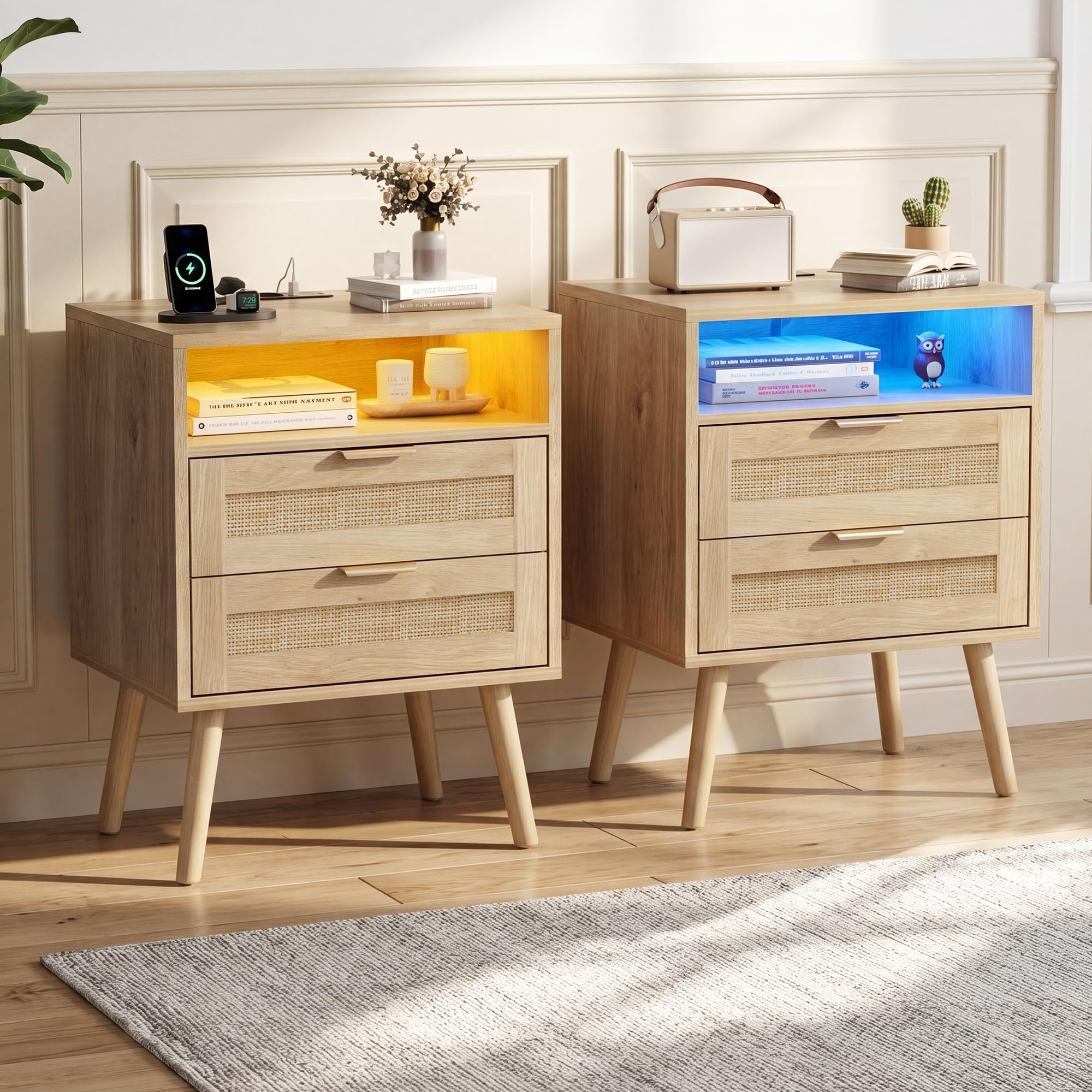 BonVache Bedside tables Set of 2, LED Lights and Charging Station, Rattan