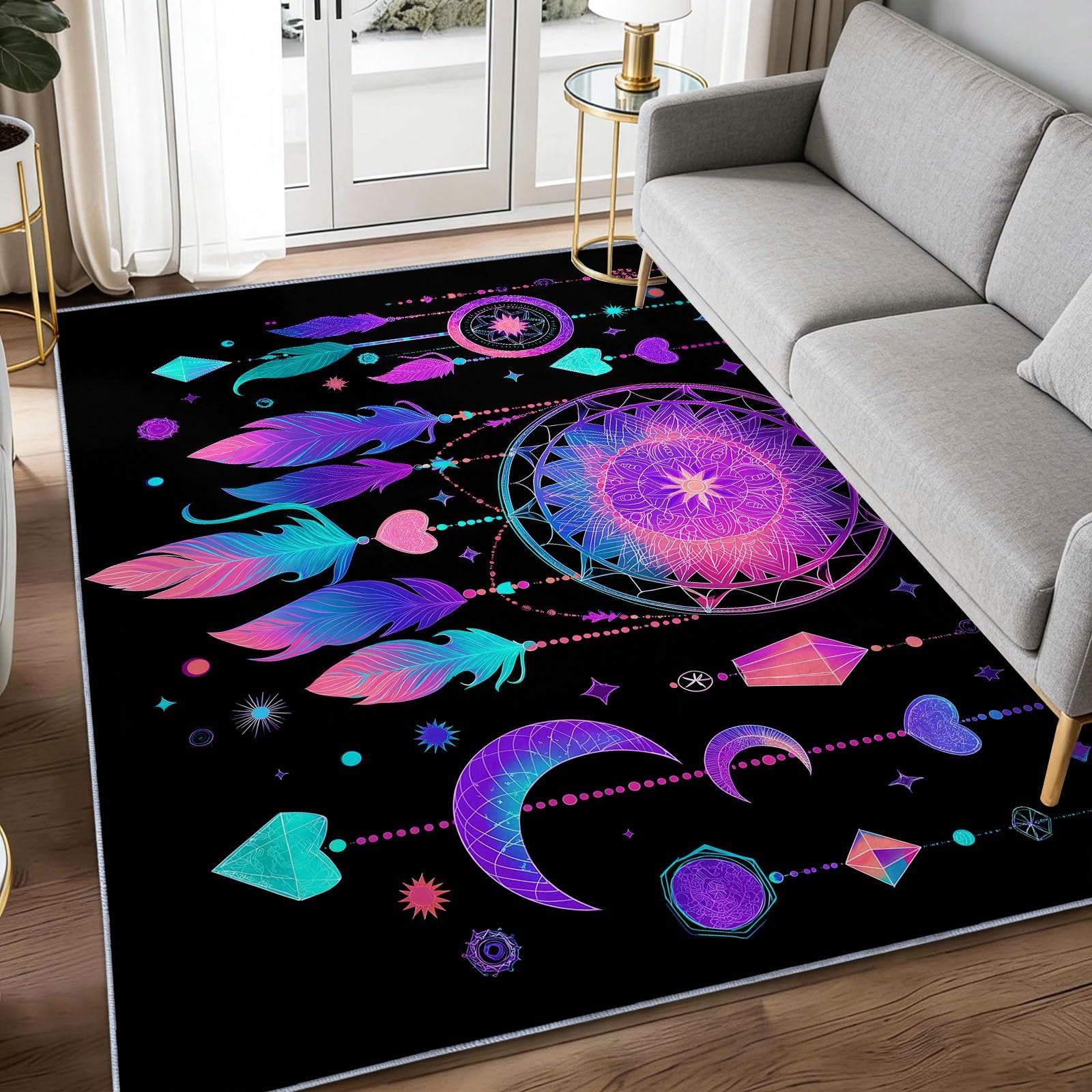 Waschbar Teppich Wohnzimmer 120 x 170 cm, Rutschfester Schwarz Wohnzimmerteppich - Weich Kurzflor Boho Traumhaft Traumfänger Teppiche Matte für Schlafzimmer Esszimmer Home Office Kinderzimmer