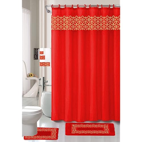 Red Bathroom Sets With Shower Curtain And Rugs And Accessories