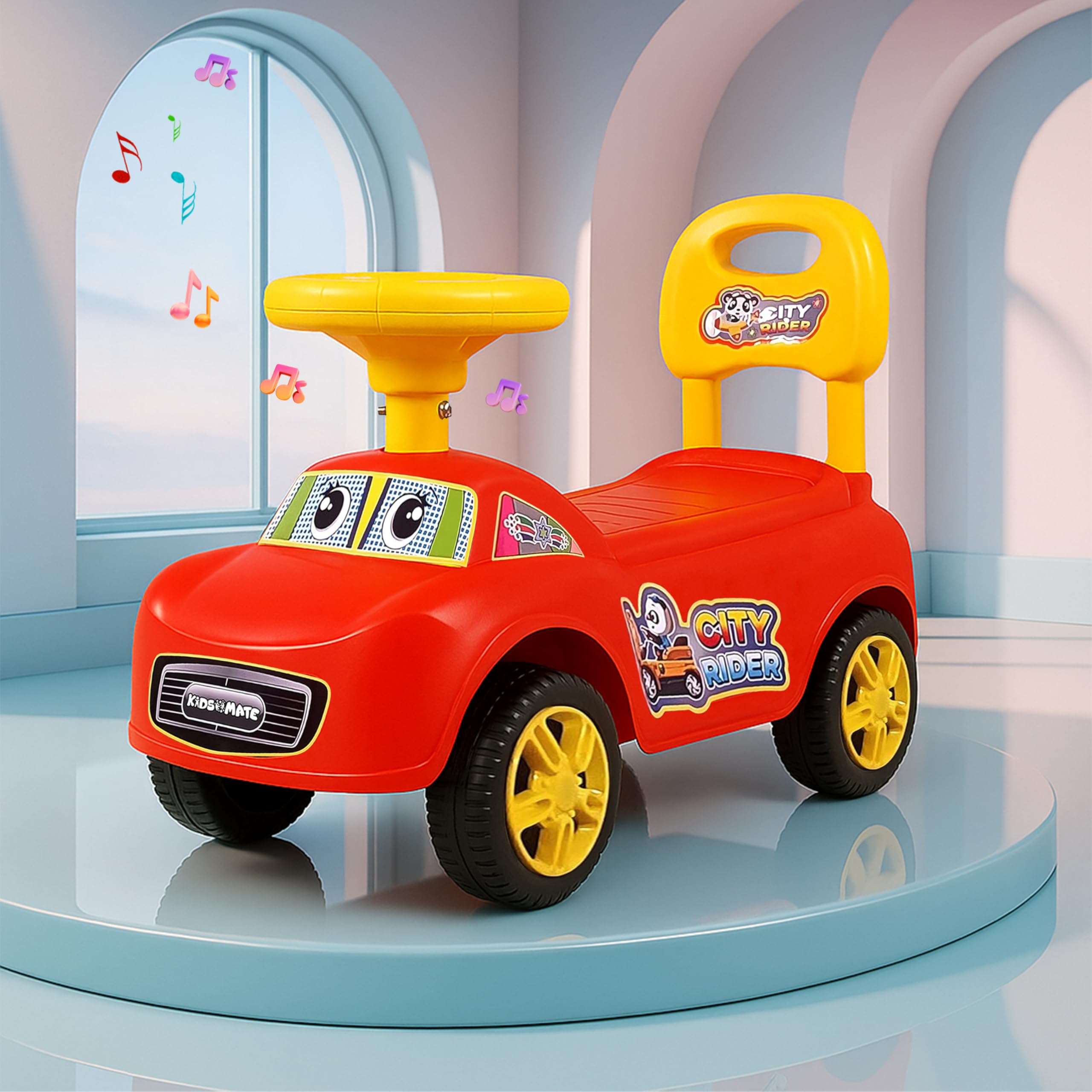 Kidsmate City Rider Musical Ride-On Car for Kids | Fun & Safe Baby Push Car with Steering Wheel & Comfortable Backrest |Perfect for Indoor & Outdoor Fun for Toddlers 1.5+ Years - Red/Yellow-image-1