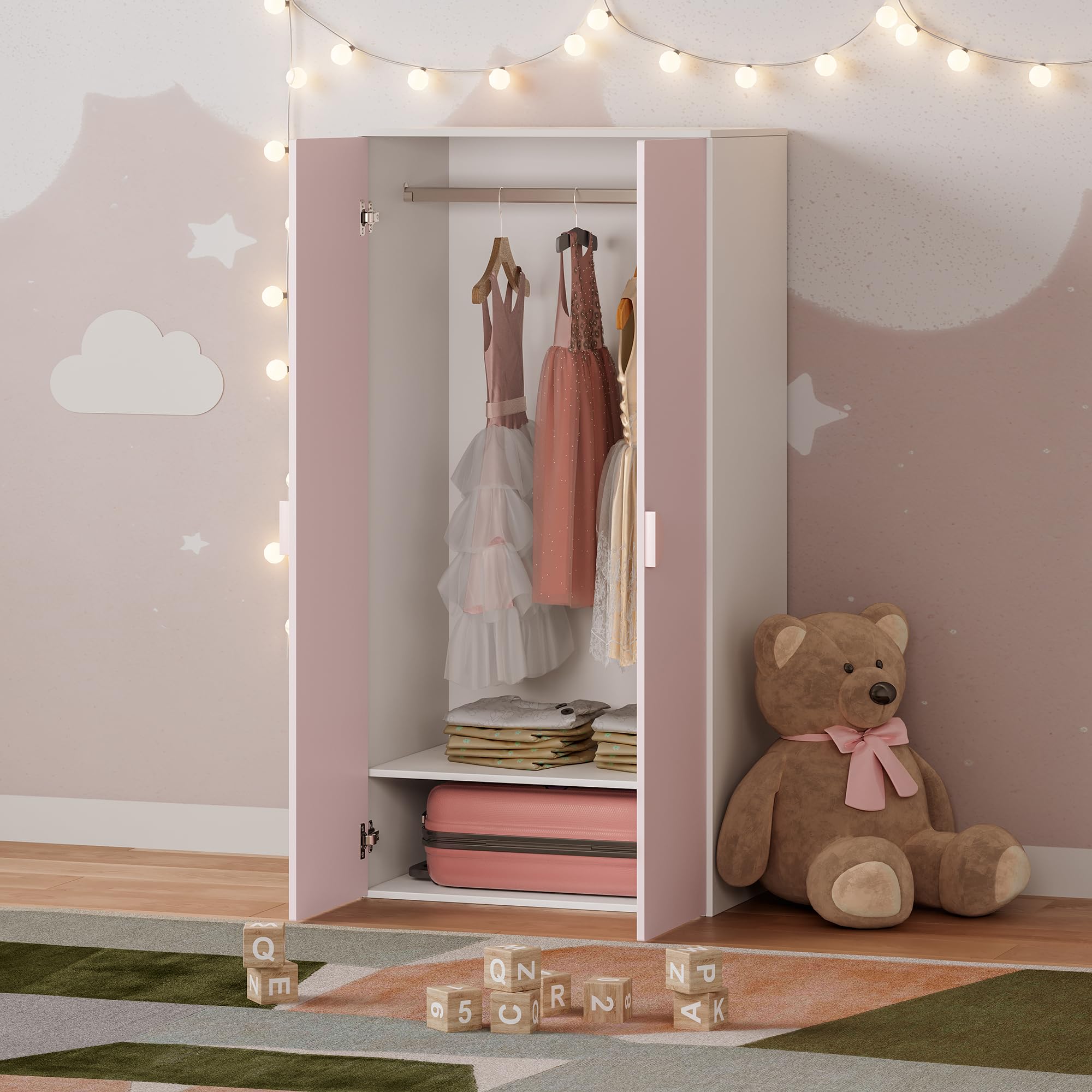 [en.casa] Armoire de Chambre pour Enfants Meuble de Rangement à 2 Portes Penderie pour Vêtements Stable Pratique Élégant Chambre d'enfant MDF Panneau de Particules 123 x 60 x 40 cm Blanc Rose