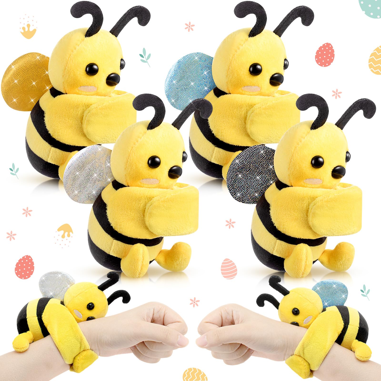 4 Pcs Bee Stuffed Animal Slap Bracelets Operation Christmas Plush Honeybee Slap Bracelets Toy for Kids Boys Girls Christmas Birthday Gifts Rewards Party Favors Decor