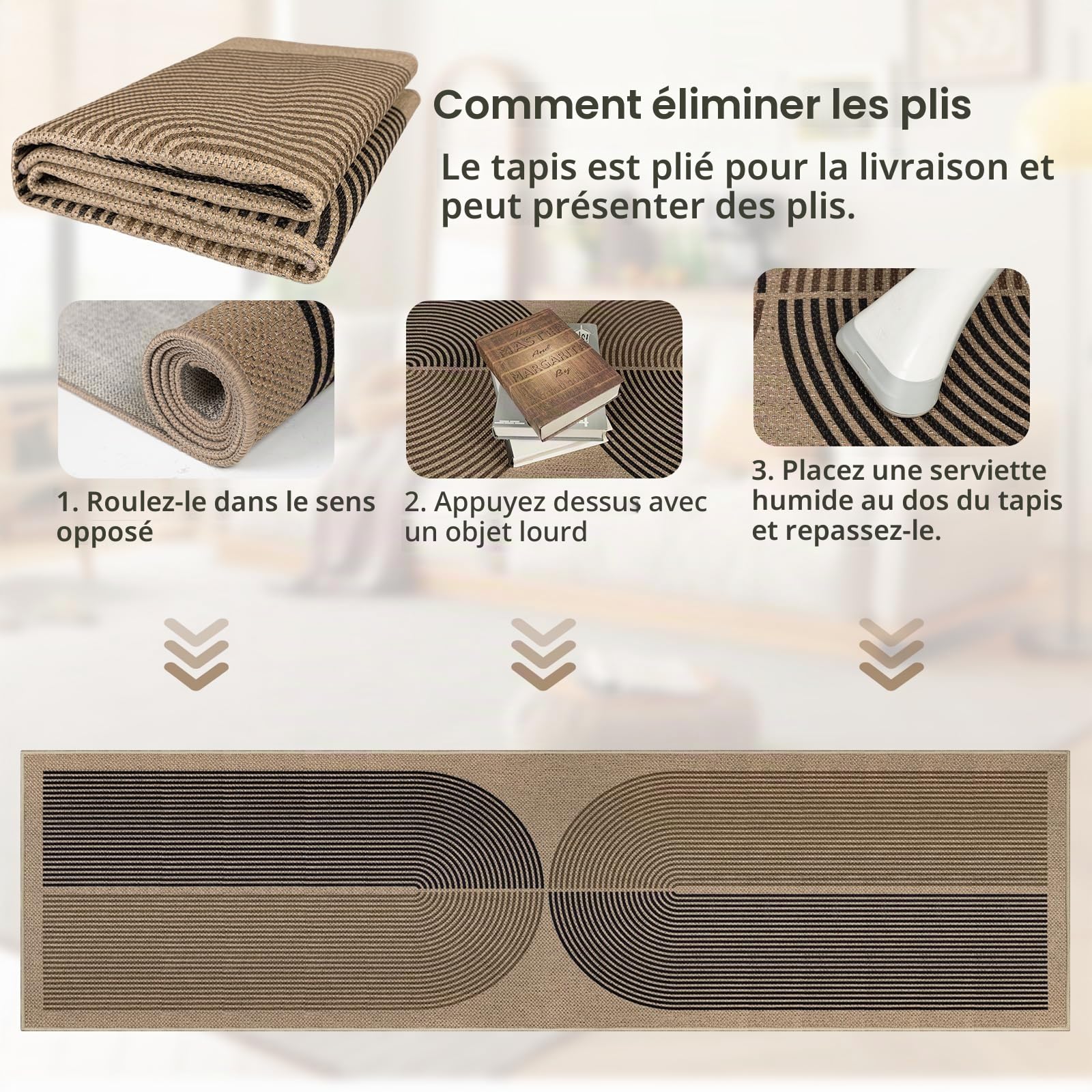 Capslpad Tapis de couloir 80 x 300 cm avec aspect jute, tapis de cuisine, lavable naturellement, tapis noir et marron, antidérapant, pour couloir, cuisine, chambre, balcon