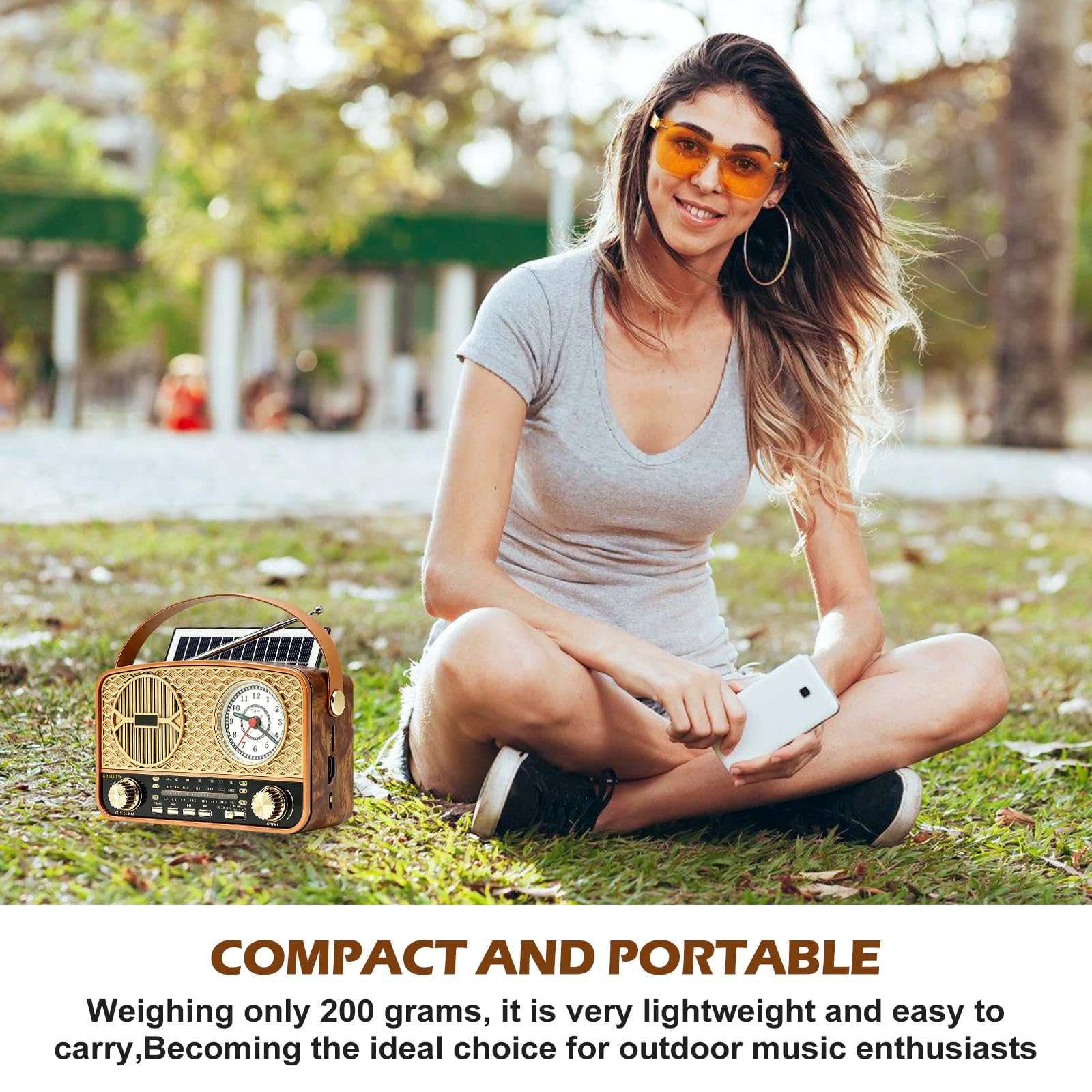 Solar Retro Radio AM/FM/SW, Retro Radio Mit Bluetooth, Vintage Kofferradio Mit Stromkabel, Wiederaufladbare Batterien, Mit Uhrfunktion, Mit USB/TF/AUX Funktion, Für Büro Küche Wandern Camping