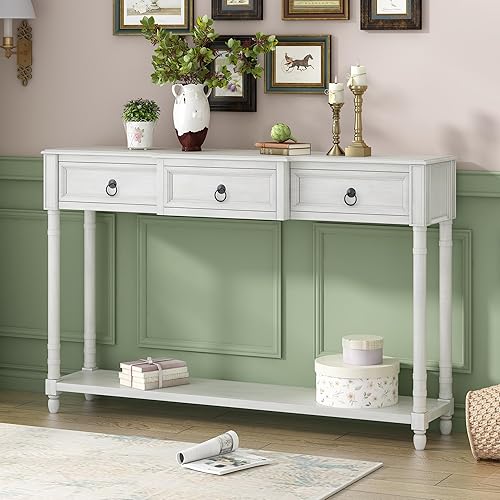 Merax Mesa consola decorativa de granja, mesa de entrada larga con 3 cajones y estante inferior, mesas de vestíbulo para pasillo (blanco antiguo)