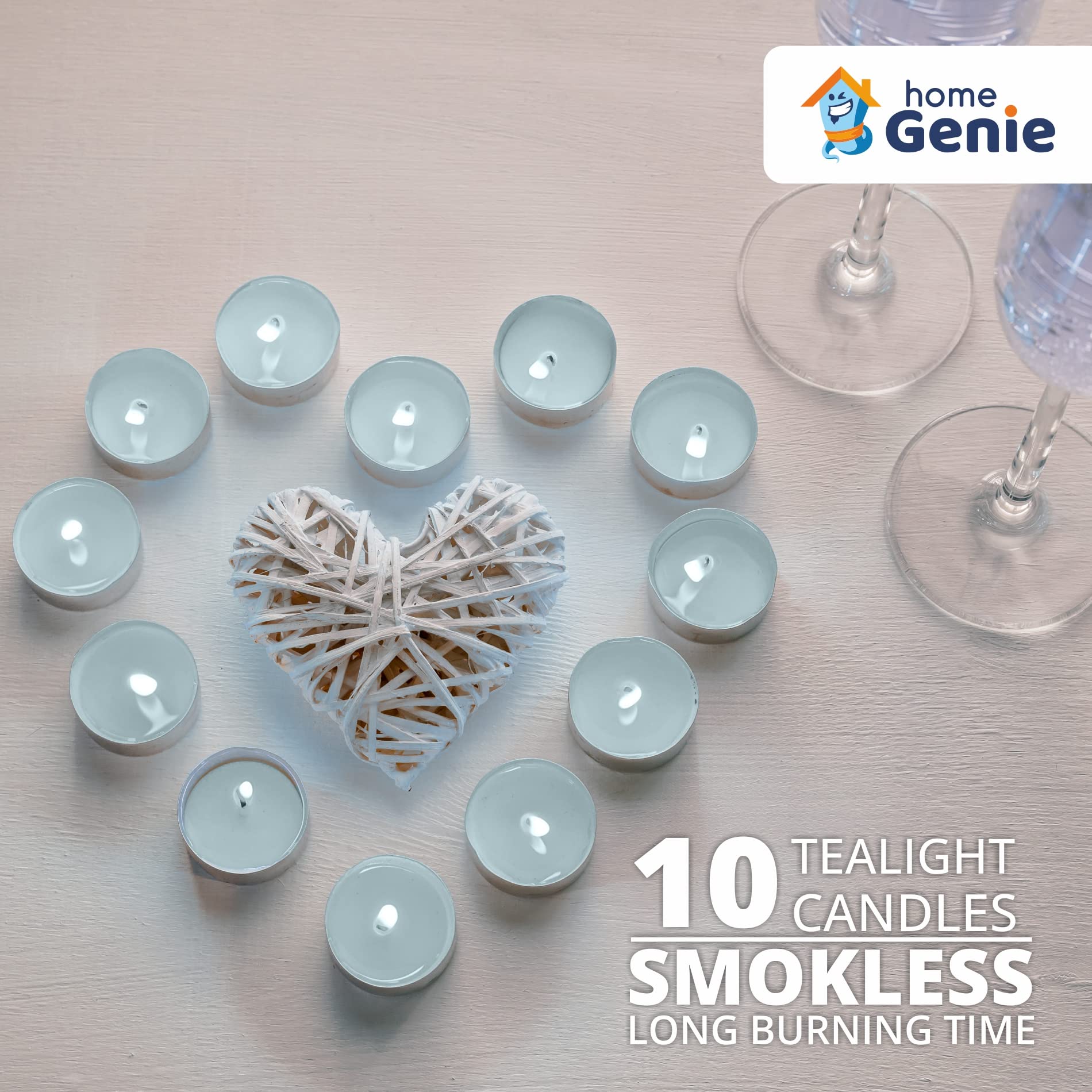 HOME GENIE Tea Lights Candles in Bulk, 10 Pack, 2 to 3 Hour Burn, Smokeless, Dripless & Long Lasting Paraffin Tea Candles, Scented Votive tealight Candles for Home, Weddings (Jasmine)