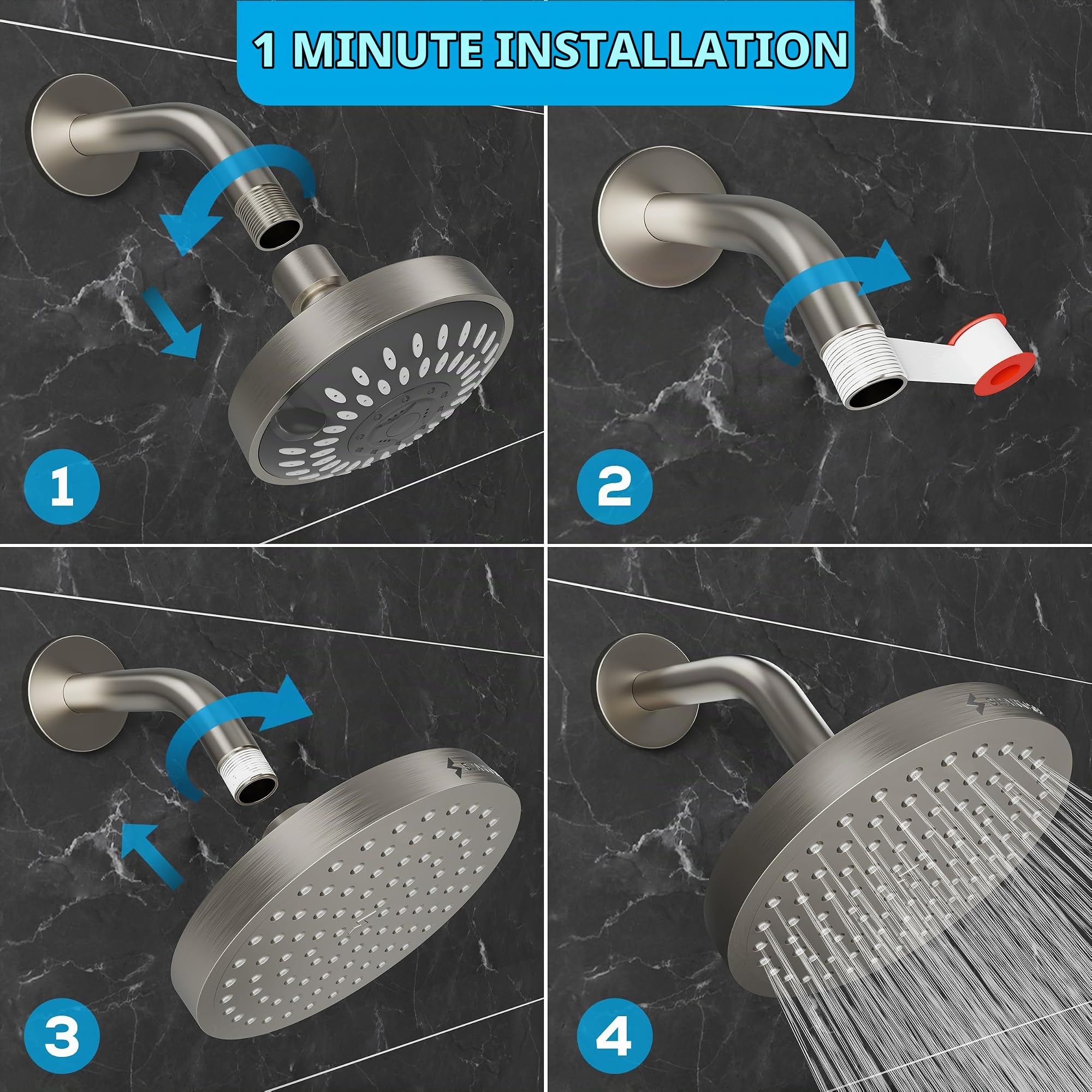 SparkPod Feststehender Duschkopf - Rund Groß Mit Hohem Druck - Einfache Werkzeugfreie Installation - Verstellbarer Ersatz - Rain Shower Head - Wasserfall - Nickel Gebürstet
