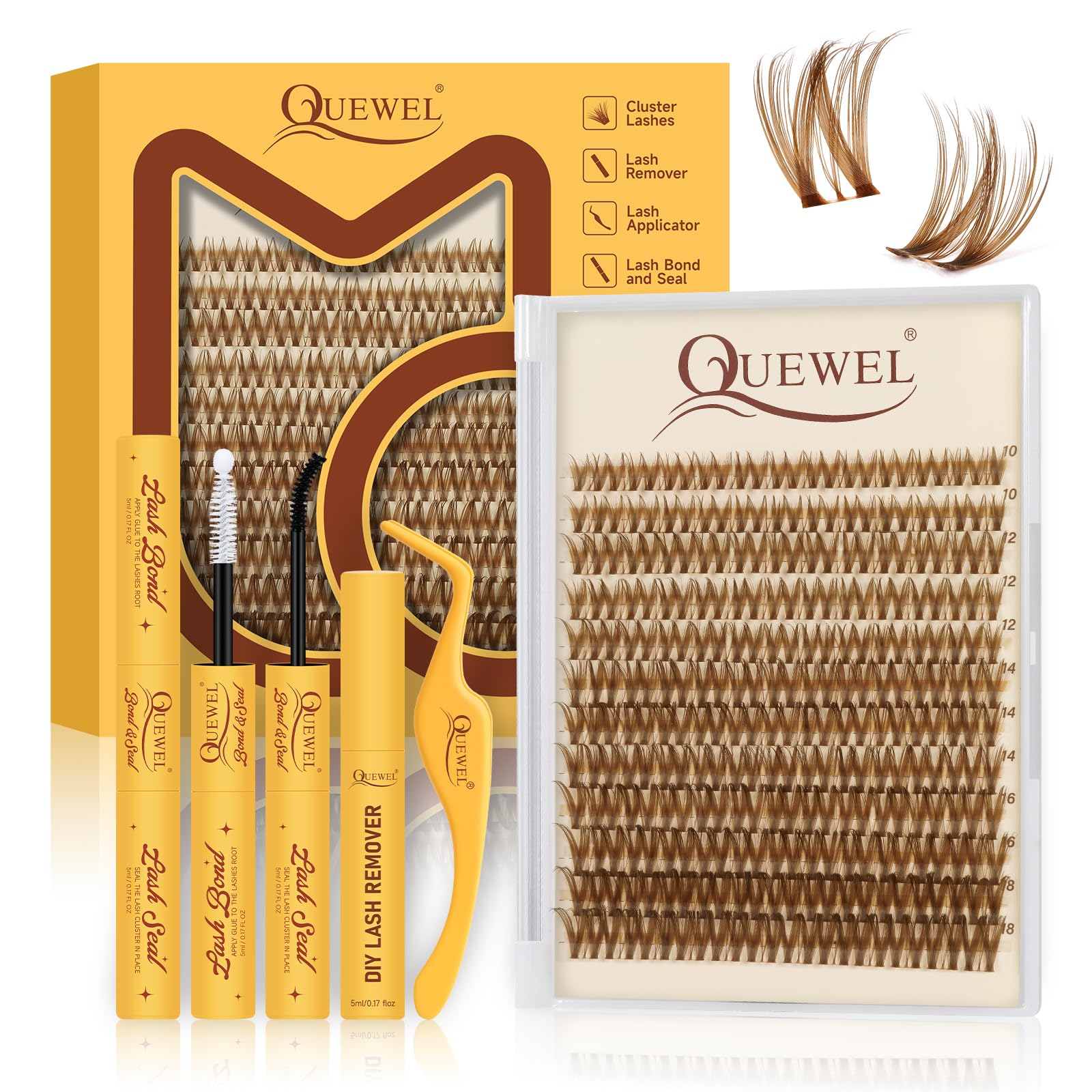 QUEWEL Cluster-Lashes Set 144STK, Mix10–18mm DIY Wimpern-Extensions Set mit Wimpernkleber und Pinzette und Entferner, Lash-Extension-Set für den Alltag Partys Lash-Clusters (Fairy-Kit-H)