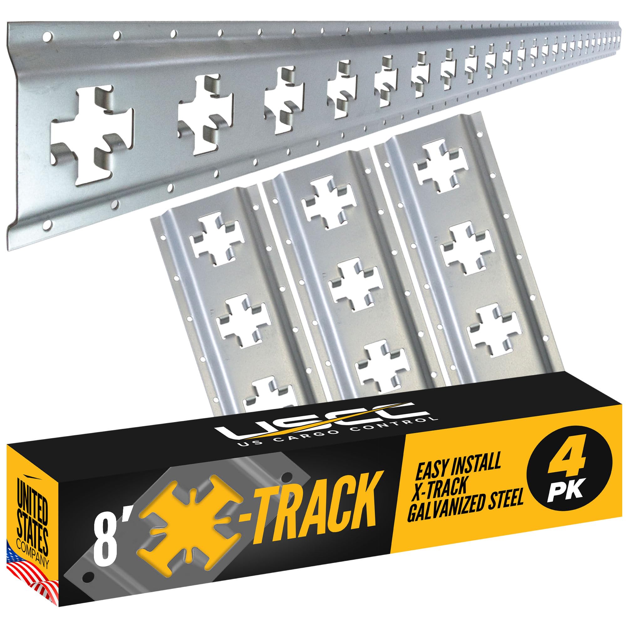 US Cargo Control X Track Rails (4-Pack), 8 FT Galvanized X-Track Rail for Trailers, Pickup Trucks, Garages, and Sheds - Use with E-Track Straps for Vertical and Horizontal Alignment