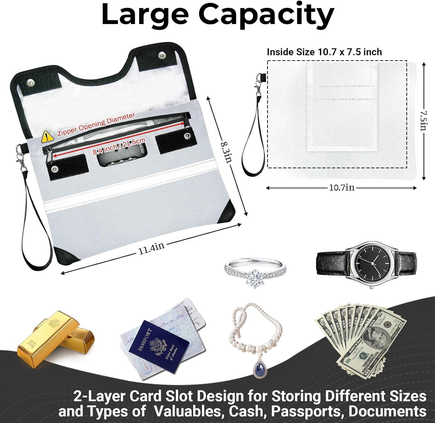 6200°F Fireproof Document Bag with Lock, 11.4 x 8.3 Inch Fire Proof Bag for Documents, Fire Proof Money Bags with Zipper Envelope, Water Resistant Fireproof Pouch Cash for Envelope Silver - Image 2