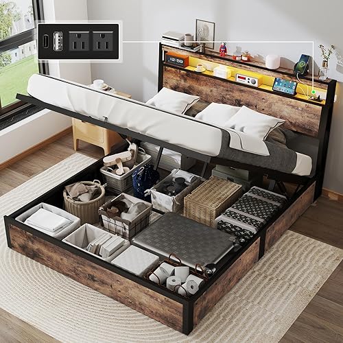 Miniatura 17 de SADENICEL Base de cama de tamaño matrimonial con almacenamiento, plataforma de cama de madera LED con cabecero, 2 cajones, estación de carga, no