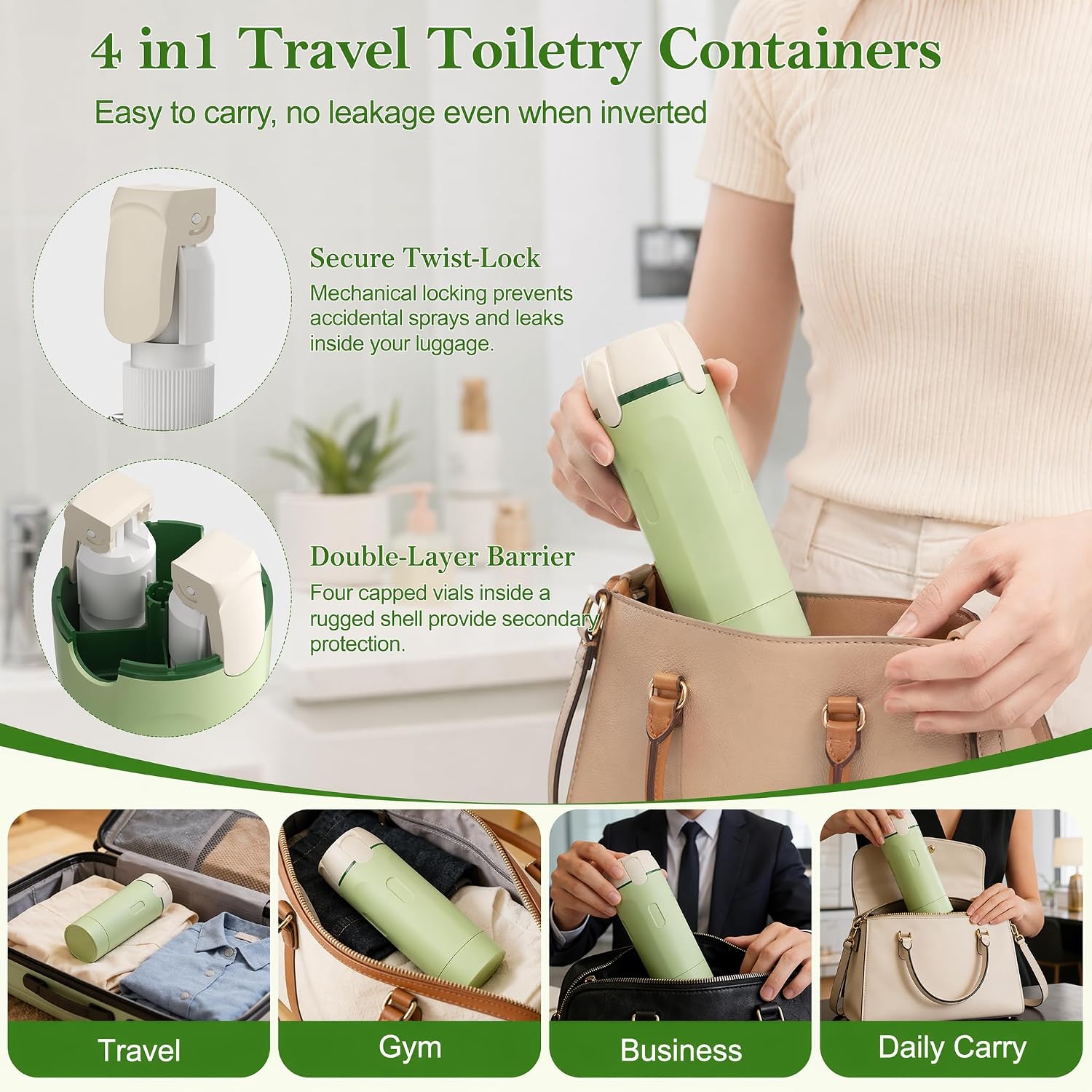 4 in 1 Travel Dispenser,4 Pack 30ML Travel Pump Bottles for Toiletries, Leak Proof Containers with Measurement Scale & Label Stickers, Portable Bottles for Toiletries, Shower & Travel (Green)
