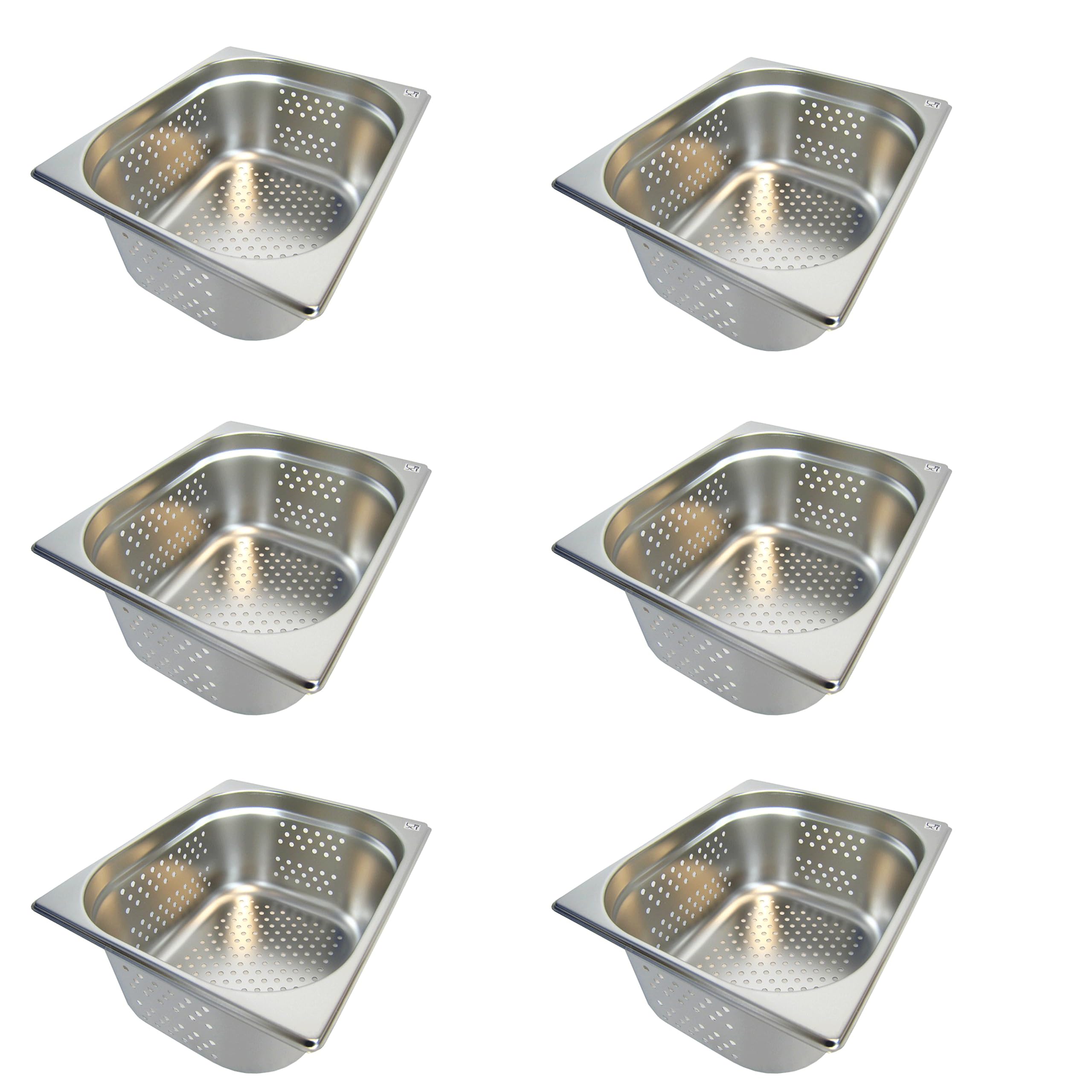 6 recipientes GN 1/2 para gastronomía, acero inoxidable, 9,5 litros, profundidad 150 mm, perforados