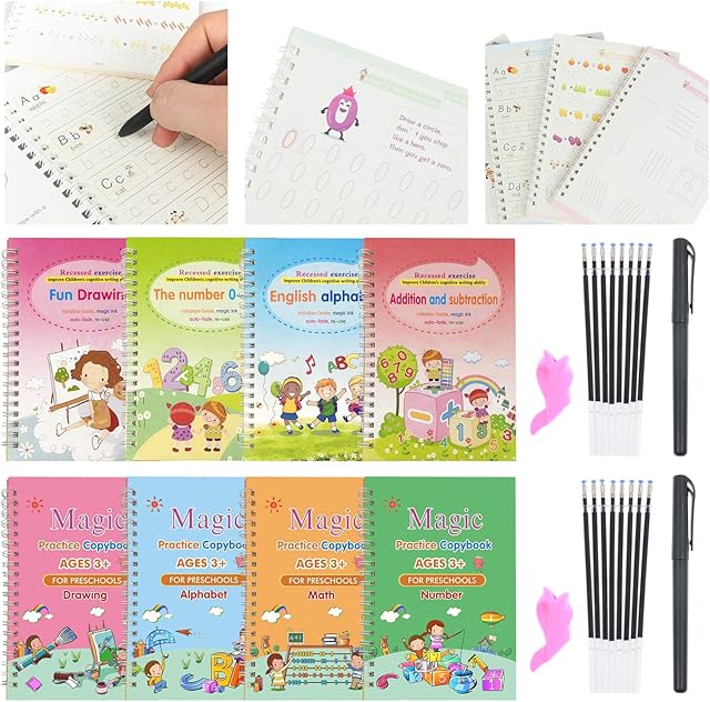 28 Pieces Magic Copybook for Kids Reusable Handwriting Practice Copybook Set Including 8 Copybooks, 2 Pens, 2 Writing Aid Grip and 16 Refills