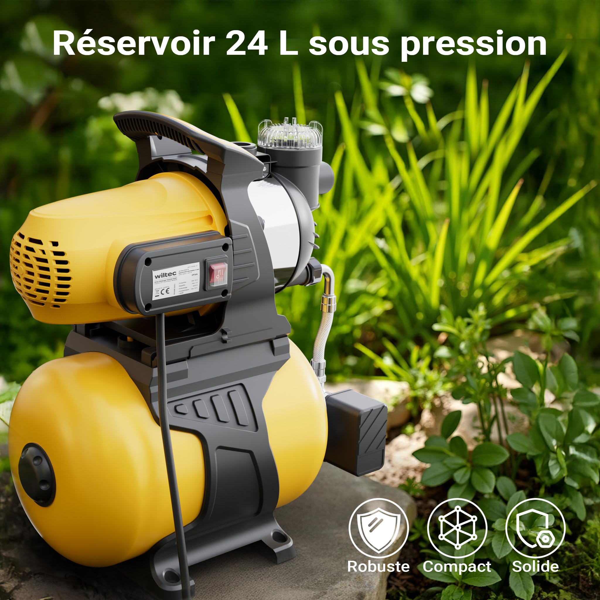 Wiltec Station d'eau domestique 1300 W 5000 l/h H 50 m P 7 m 2850 tr/min réservoir 24 L Arrosage irrigation jardinage