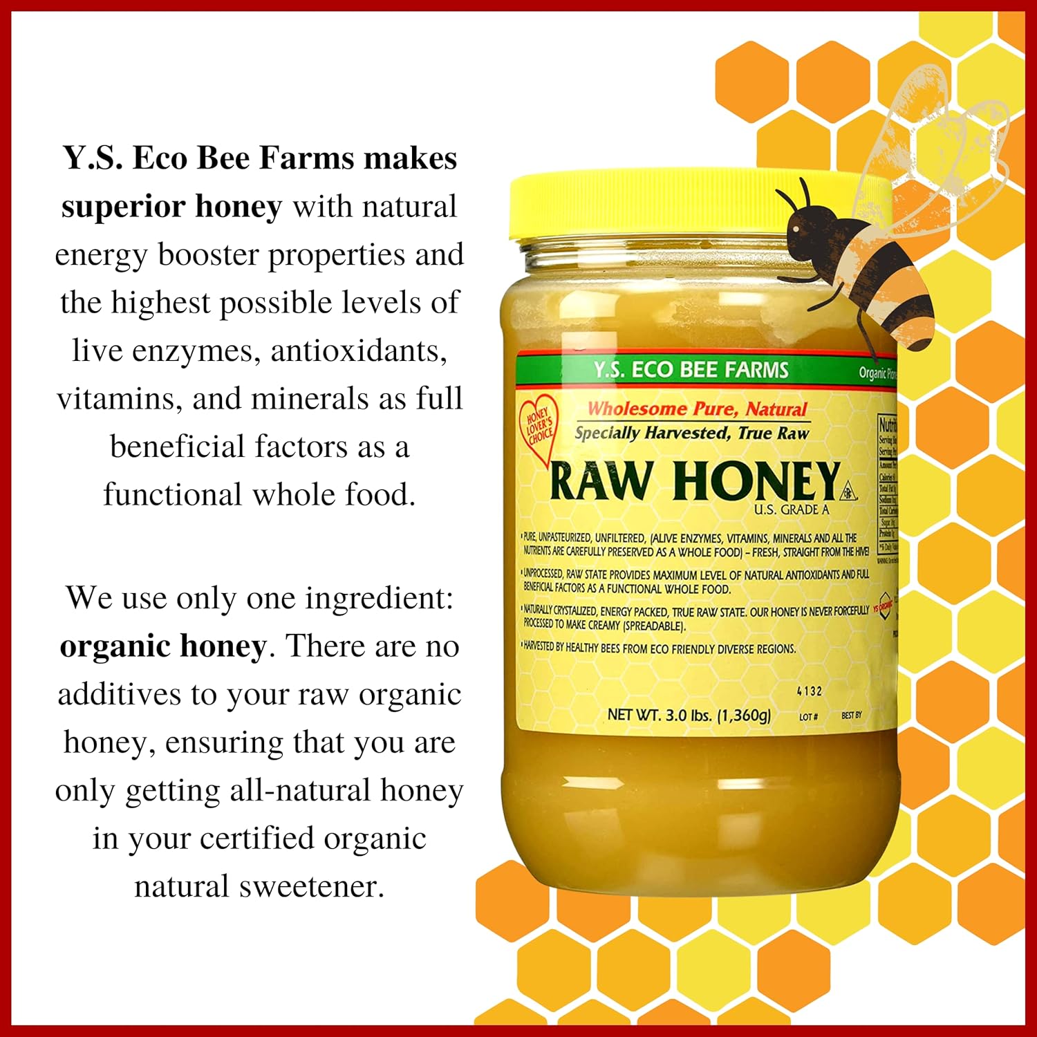 Y.S. Eco Bee Farms, Wholesome Natural Raw Honey, Unpasteurized, Unfiltered, Fresh Raw State, Kosher, Pure, Natural, Healthy, Safe, Gluten Free, Specially Harvested, 3lb - 1 Count with Bonus Key Chain