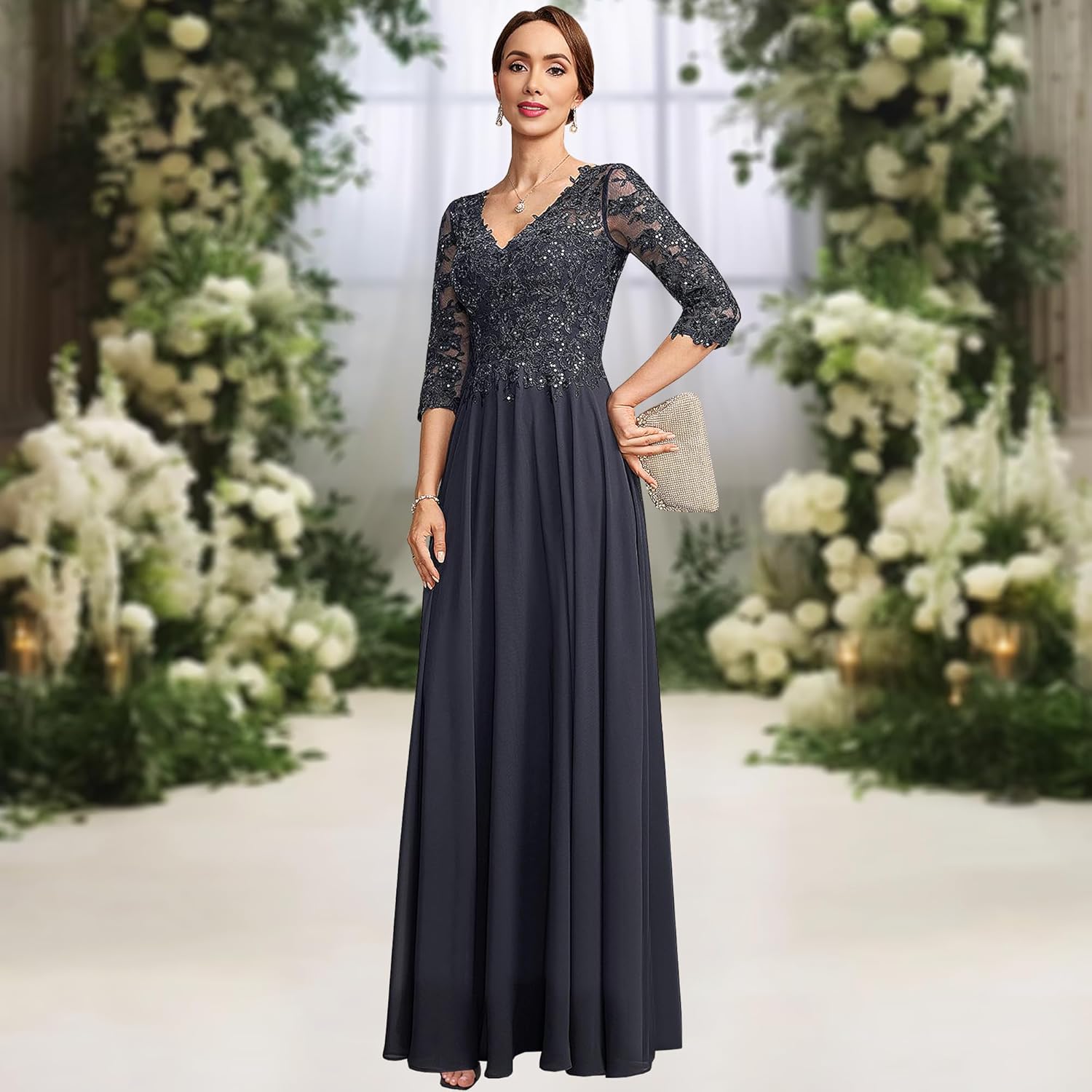 A line V Neck Floor Length Lace Chiffon Mother of The Bride Dress with Sequins Long Mother of The Groom Dresses