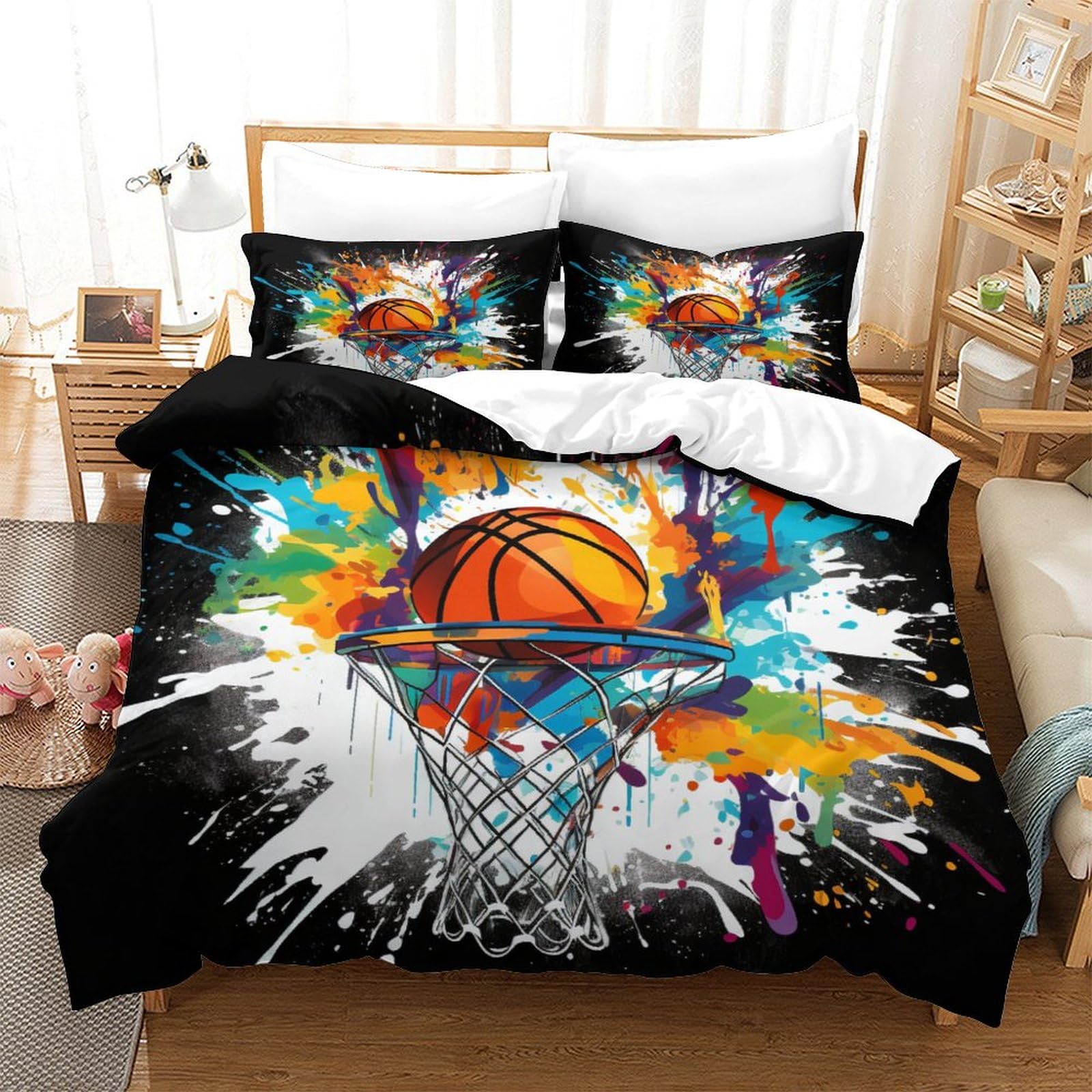 3D, zestaw pościeli z nadrukiem do koszykówki Super miękka i oddychająca mikrofibra 3-częściowe zestawy poszewek na kołdry i podwójna poszewka na poduszkę (200 x 200 cm)