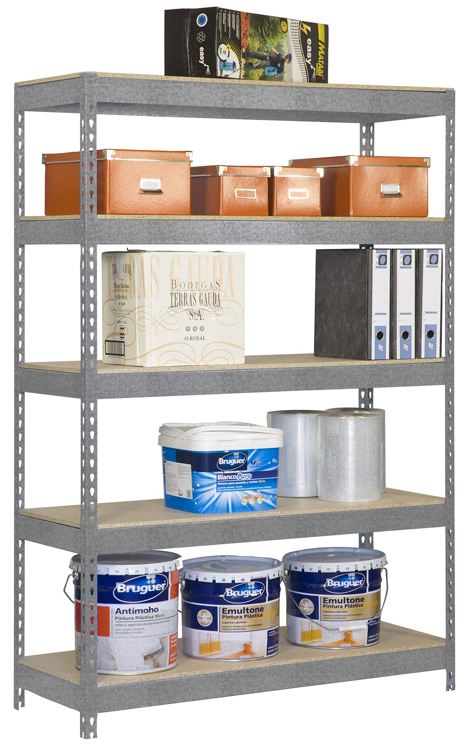 Simon Rack Estanteria Industrial, 2000x1200x600 mm, 300 kg de Punto Flexión, 5 Estantes Madera, Estanterias Almacenaje, Estanterias Metalicas, Galvanizado/Madera - SimonTaller