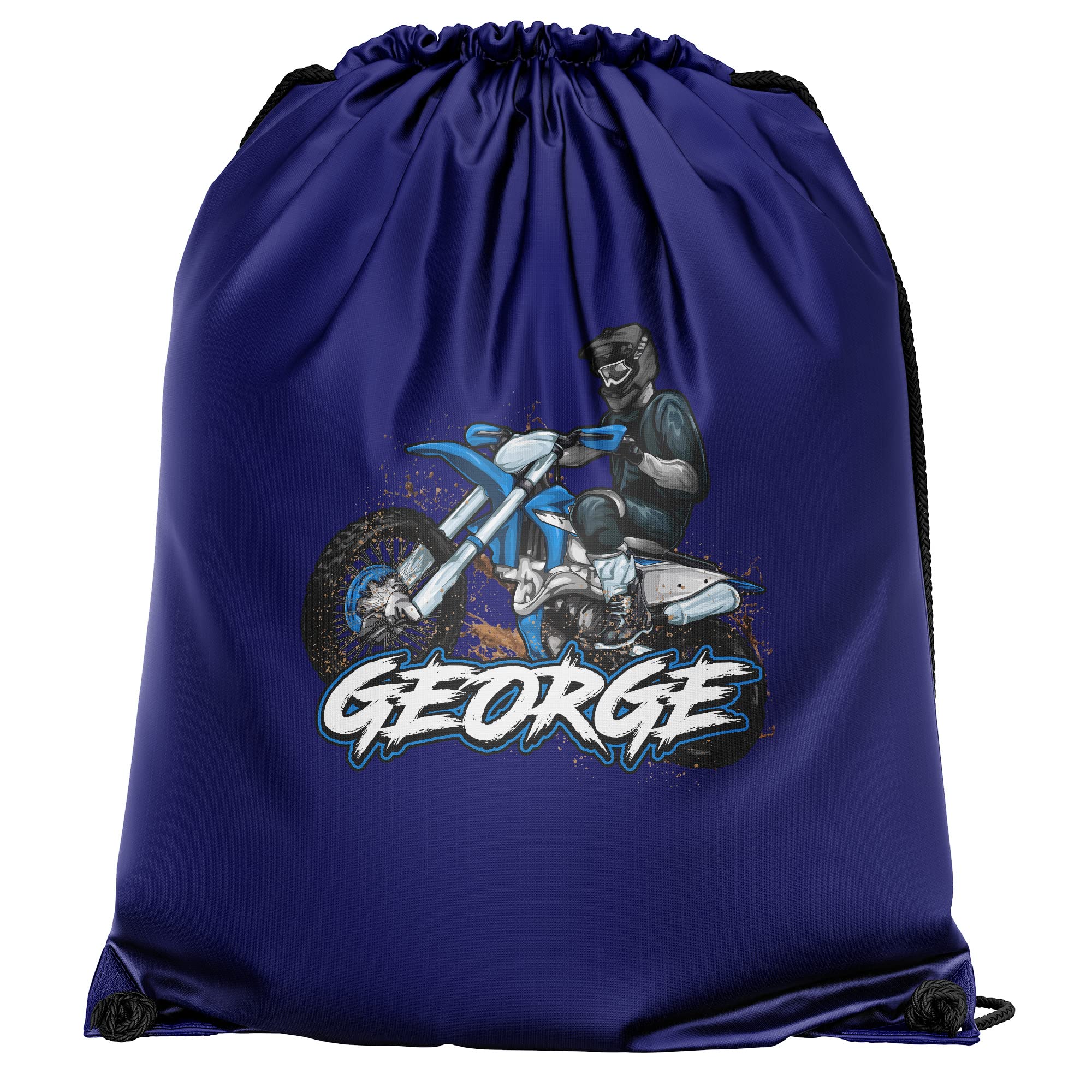 Personalised Dirt Bike Drawstring Bag, Custom Back to School and Nursery Gifts for Boys, Ideal Bag for Boys Who Love Motorbikes, Essential Kids PE Kit Swimming Bag, One Size, Navy