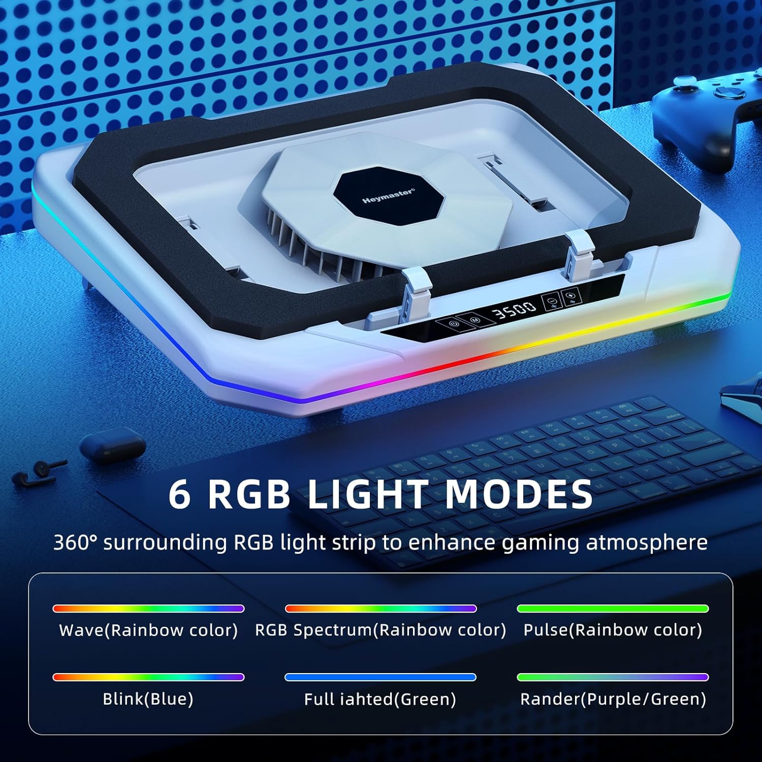 RGB Gaming Laptop Cooling Pad, 3500 RPM Powerful Turbofan Laptop Cooler, 3 Port USB Hub, LED Screen and Touch Control Adjustable for 12-21 Inches Laptops