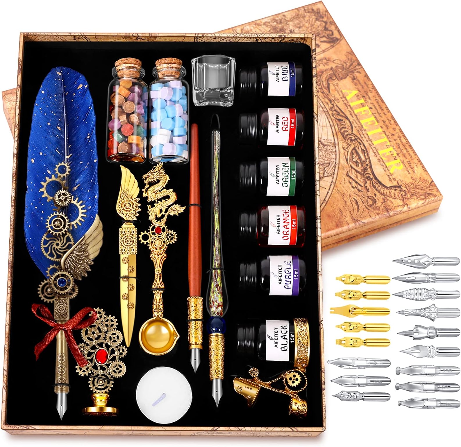 MPRINCE Pen and Ink Set, Pen Calligraphy Set with 6 Ink Bottles, 17 Nibs and 8 Sheets Blue Writing Paper