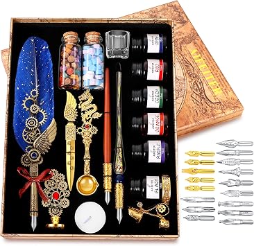 Aifeiter Quill Pen Ink Set-Feather Calligraphy Pen and Set,includes 6 Bottles of,Quill Pen,Glass Dipping Pen,Wooden Dipping Pen,17 nibs,8 Sheets of Writing Paper,Envelope,Spoon-blue