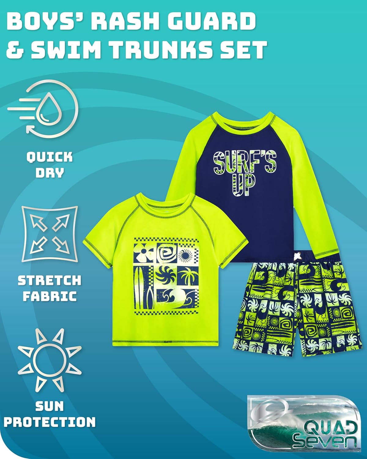 Quad Seven Boys Swim Set - 3 Piece Toddler Swim Trunks Boys Rash Guard Long Sleeve and Short Sleeve Kids Swimwear (2T-7)