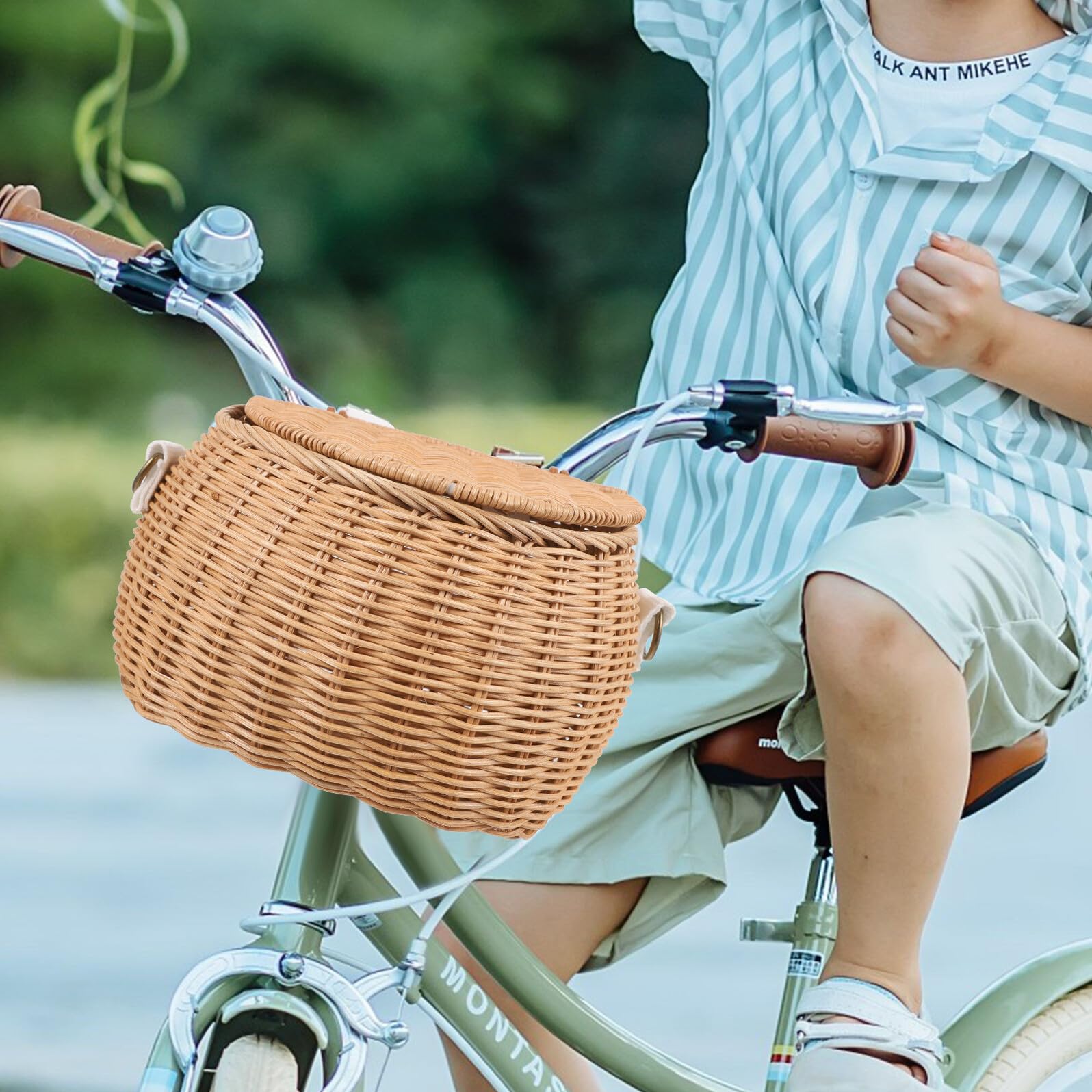 Cesta de Bicicleta para Niños, Canasta Frontal Amarilla de Ratán