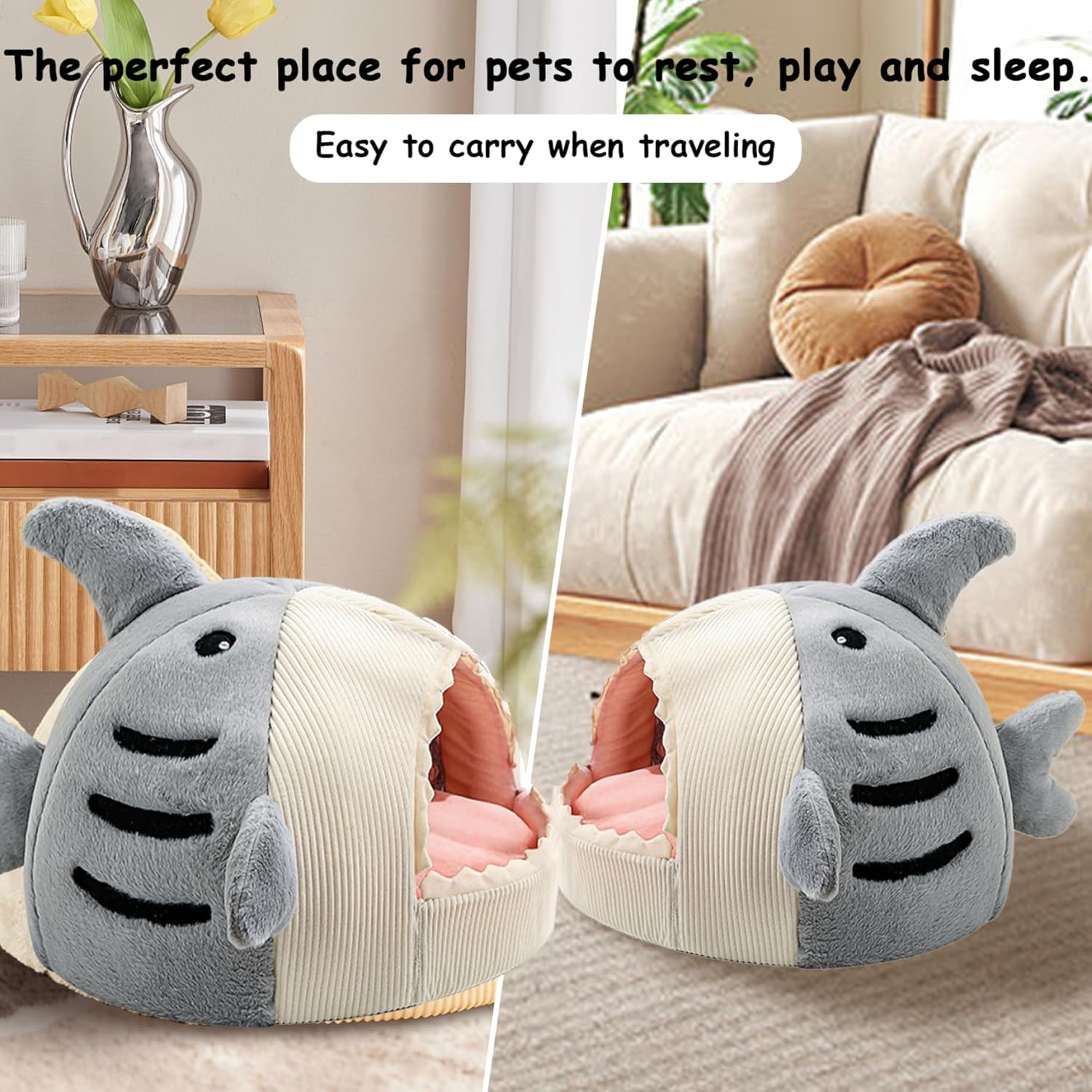 review Cute Soft Cat Bed, Indoor Shark-Shaped Warm Cat Cave with Removable Washable Pillow for Cat, Gray