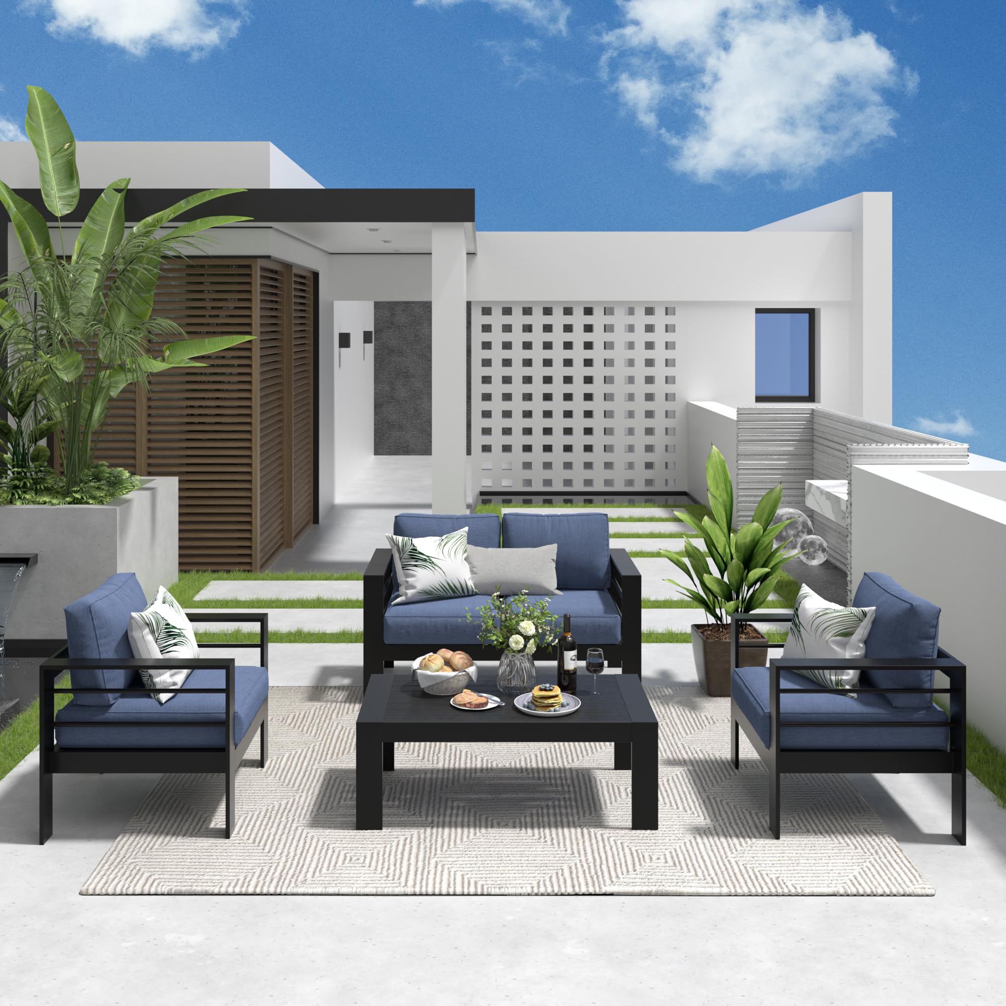 Solaste Outdoor Aluminum Furniture Set - 4 Pieces Patio Sectional Chat Sofa Conversation Set with Table,Black Frame and Blue Cushion