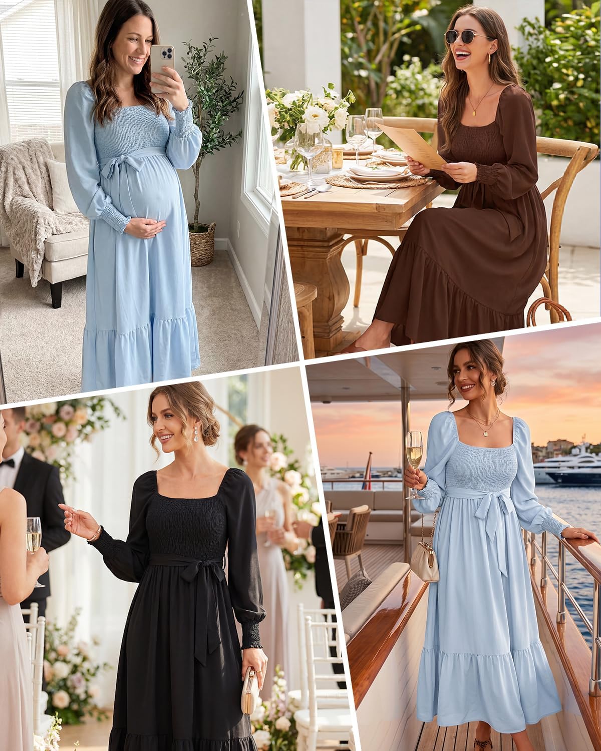Talisea Maternity Dress for Baby Shower - Fall Spring Photoshoot Smocked Square Neck Pregnancy Wedding Guest Midi Dress