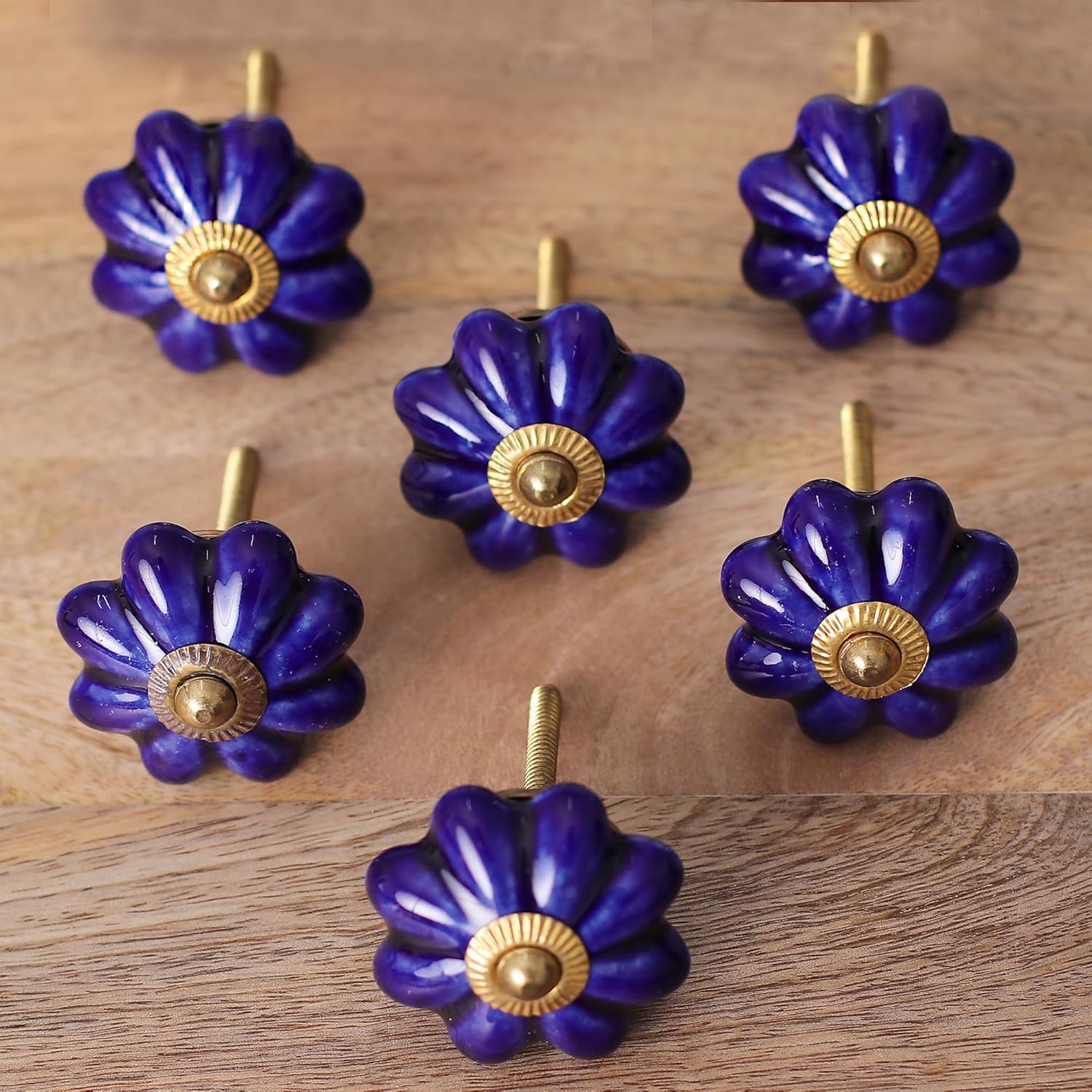 NOVICA Blue Ceramic Metal Floral Decorative Cabinet Knobs 'Floral Beauties In Indigo' (Set Of 6, Screws Included)