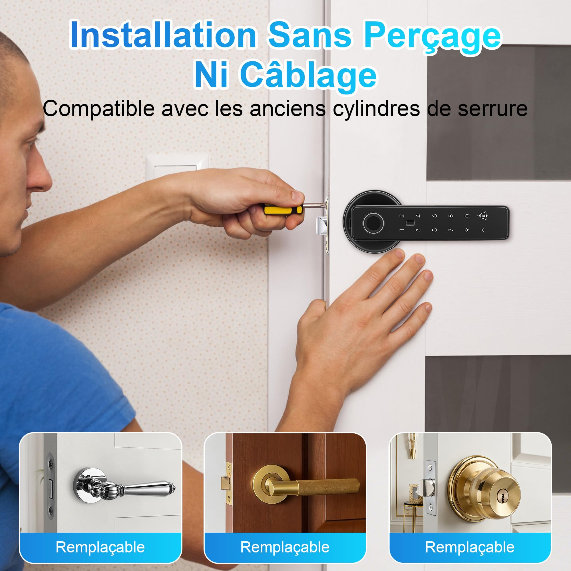 Serrure Connectée, Serrure Porte Biométrique Intelligente, Utilisable avec Empreinte Digitale, Code, Carte à Puce, App et Clé, Système de Sécurité d'Entrée Électronique, Noir
