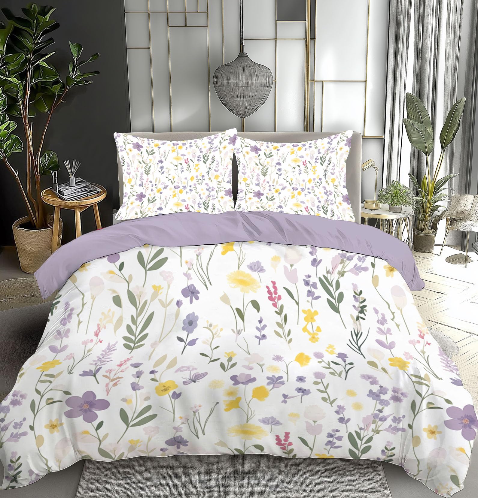 Parure de lit florale en microfibre douce haute densité avec taies d'oreiller assorties